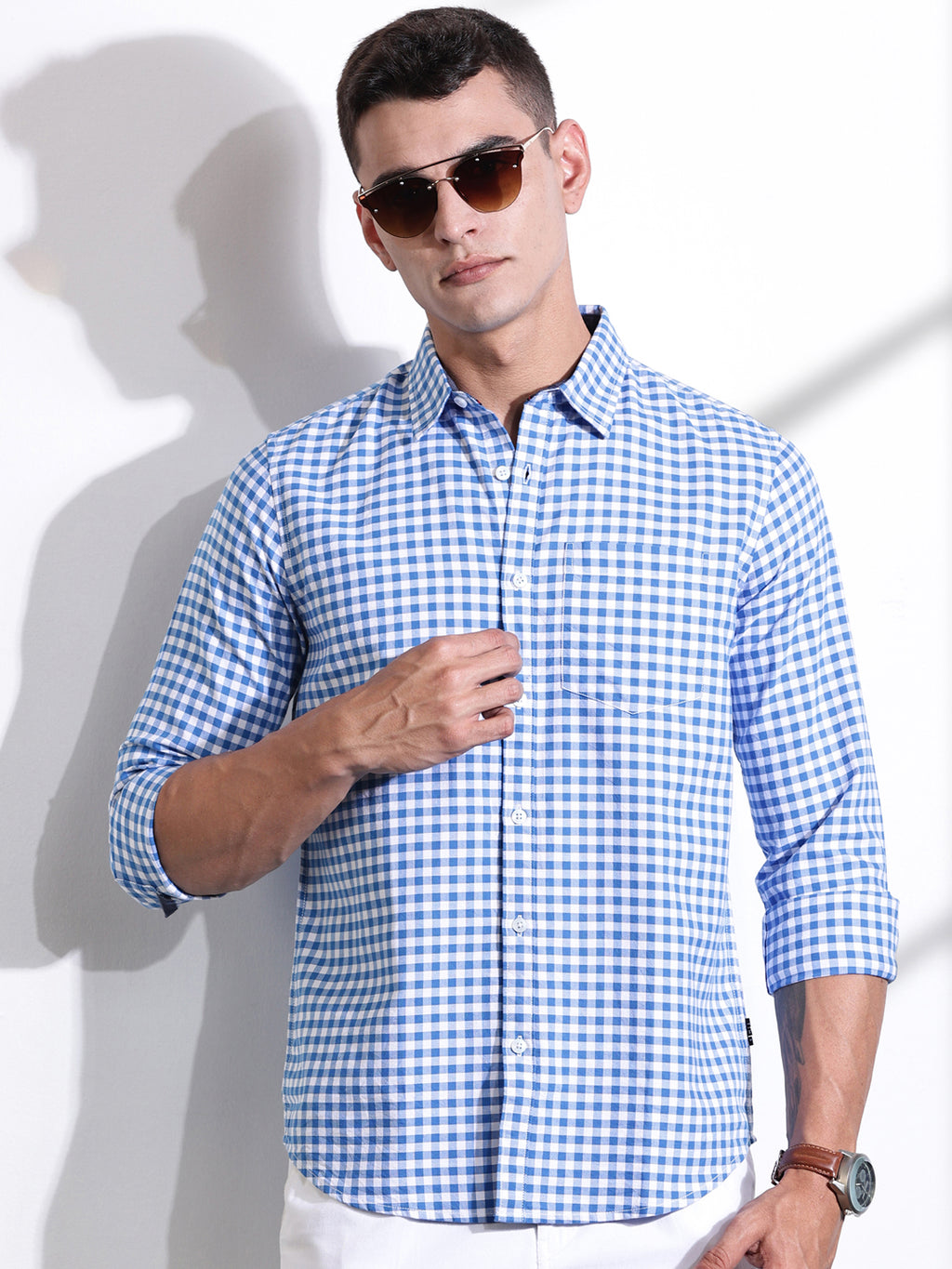 Thomas Scott Men Blue Slim Fit Long Sleeves Gingham Checks Woven Casual Shirt
