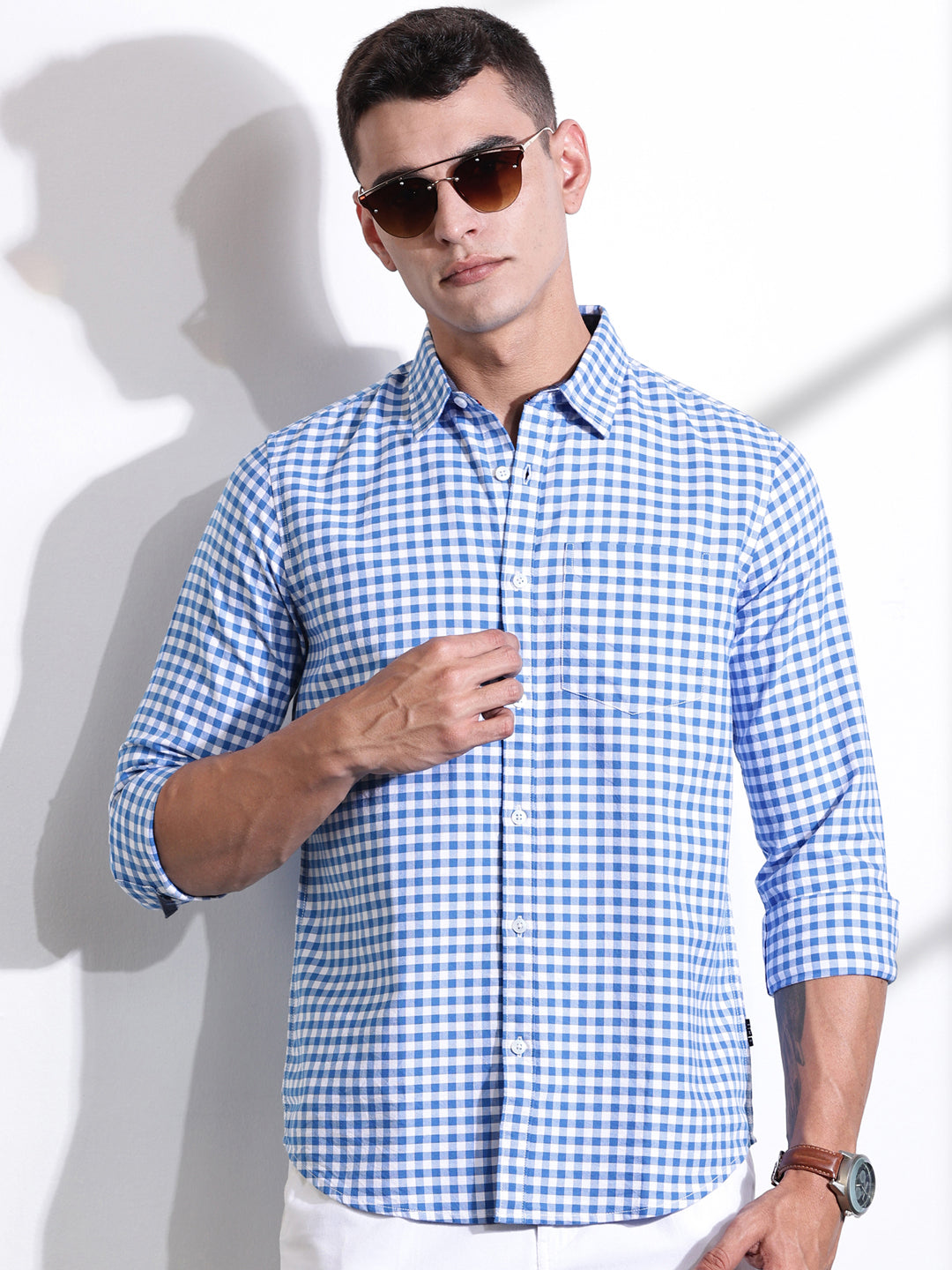 Thomas Scott Men Blue Slim Fit Long Sleeves Gingham Checks Woven Casual Shirt