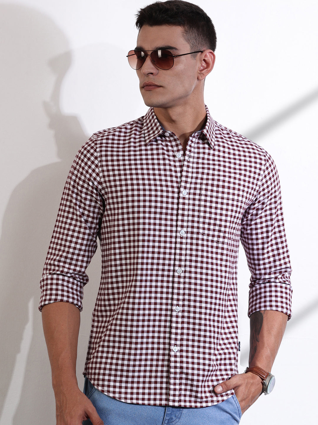 Thomas Scott Men Maroon Slim Fit Long Sleeves Gingham Checks Cotton Woven Casual Shirt