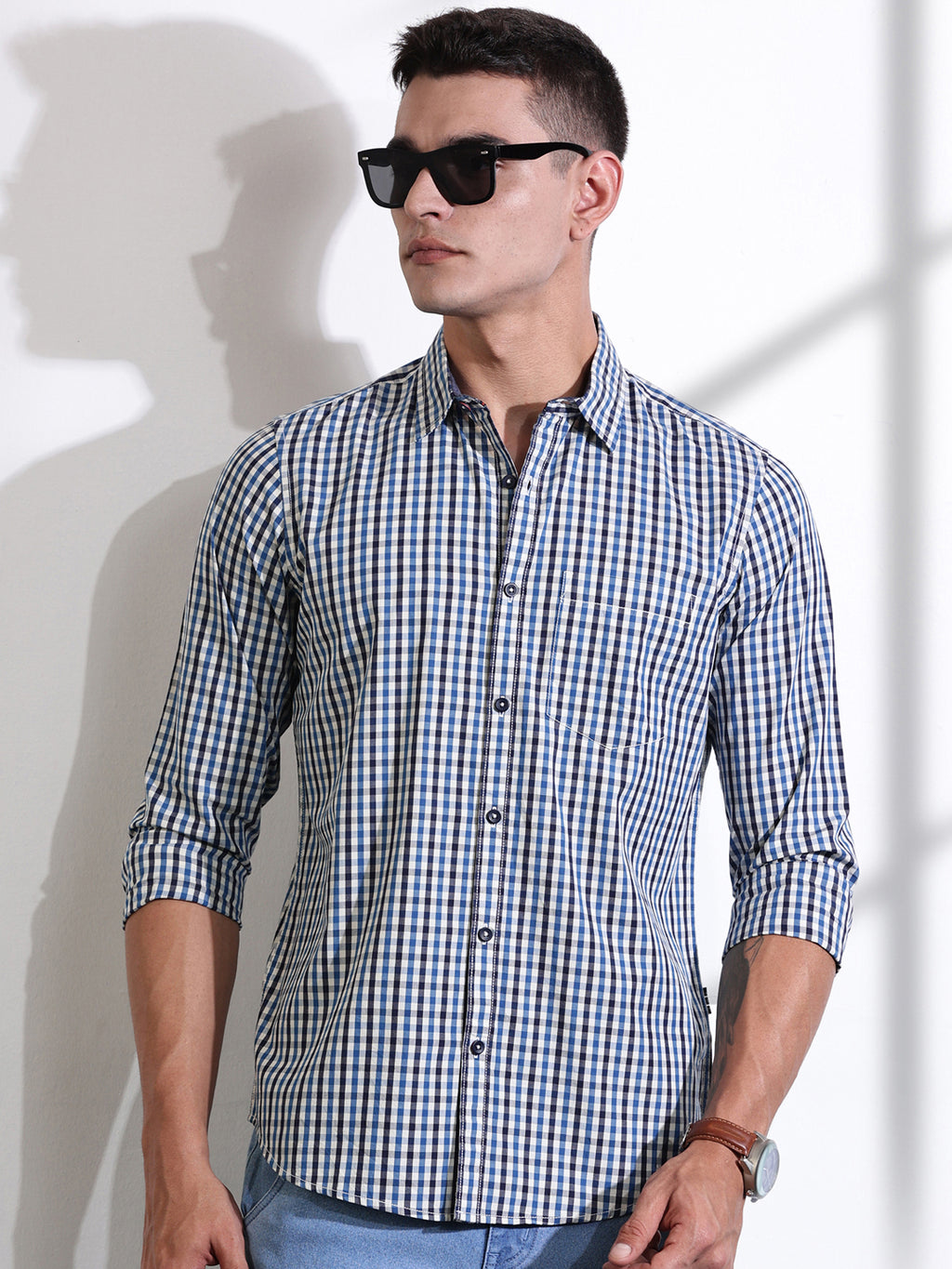 Thomas Scott Men Navy Slim Fit Long Sleeves Gingham Checks Woven Casual Shirt