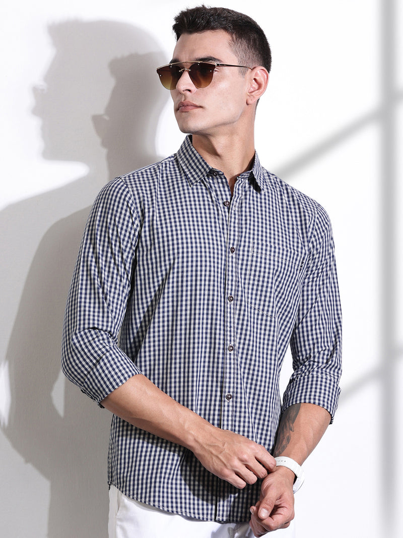 Thomas Scott Men Navy Slim Fit Long Sleeves Gingham Checks Woven Casual Shirt