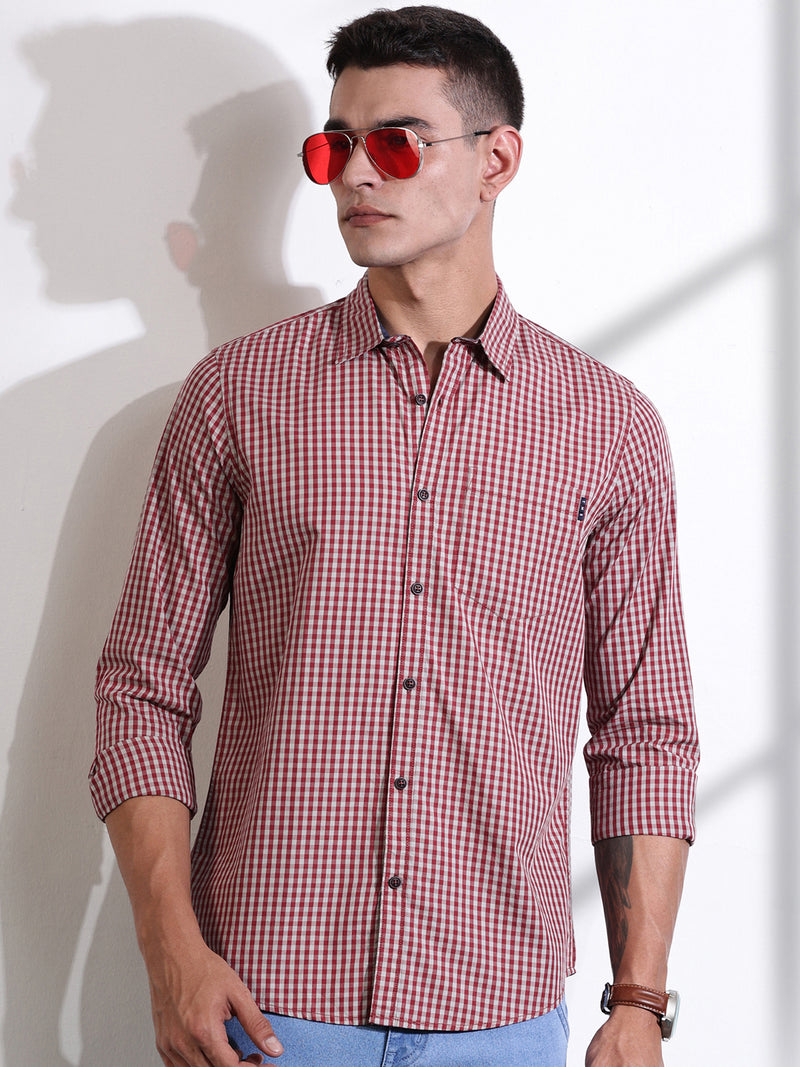 Thomas Scott Men Red Slim Fit Long Sleeves Gingham Checks Cotton Woven Casual Shirt