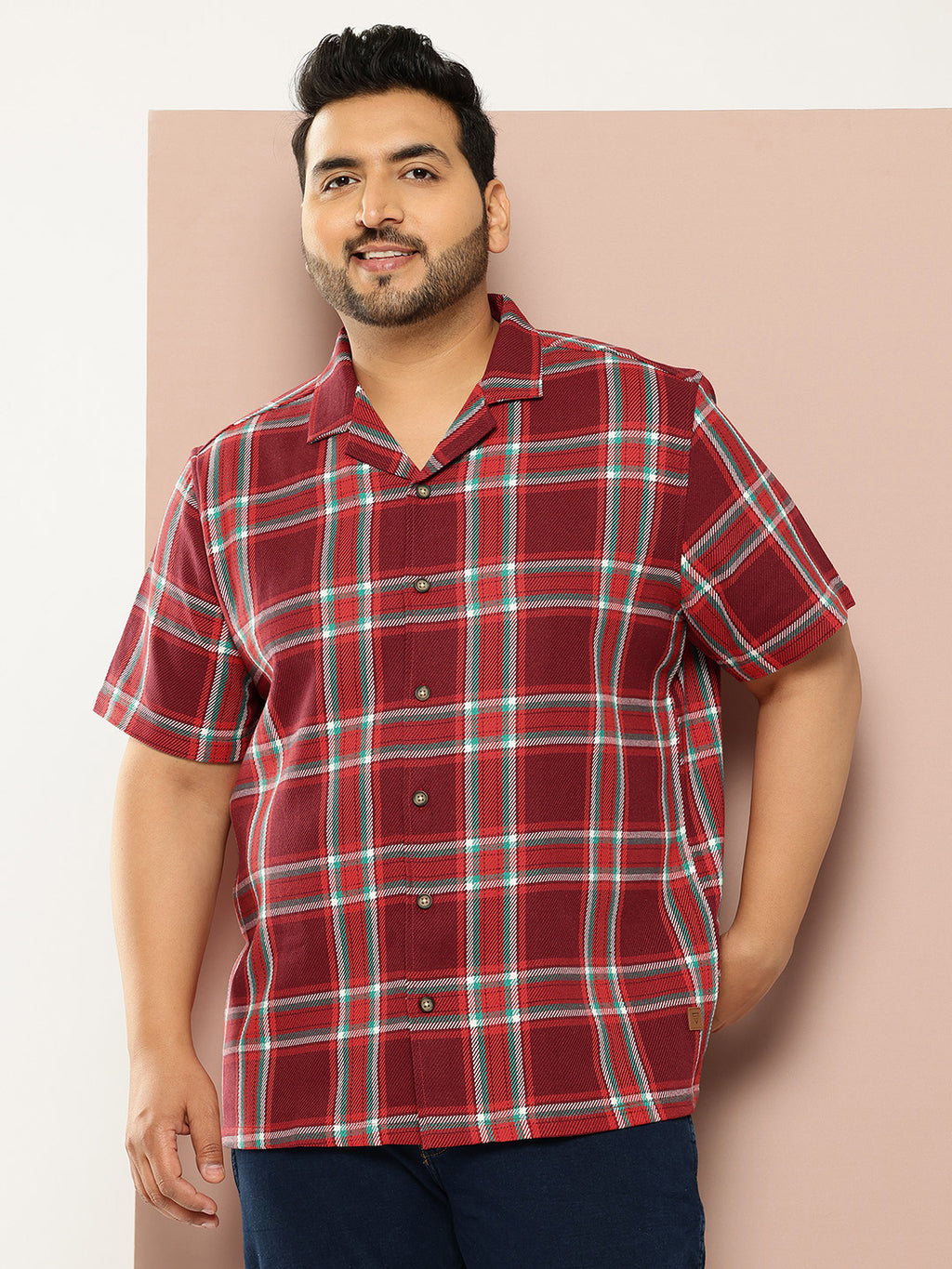 Thomas Scott Men Red Plus Size Regular Fit Short Sleeves Windowpane Checks Casual Shirt