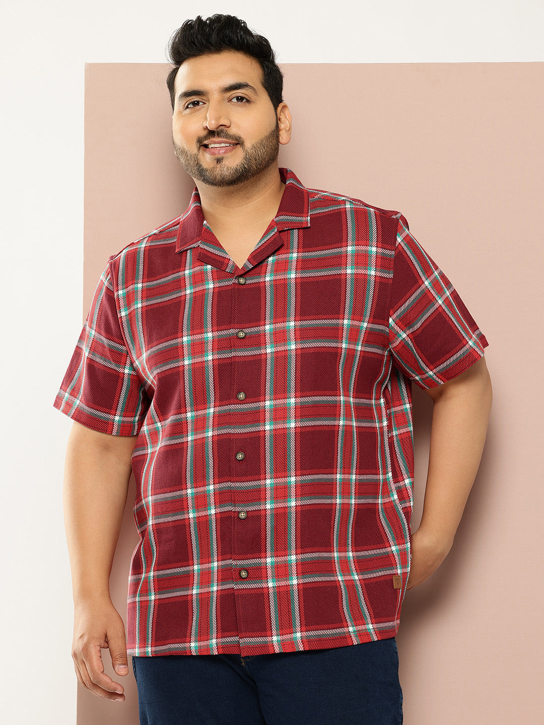 Thomas Scott Men Red Plus Size Regular Fit Short Sleeves Windowpane Checks Casual Shirt