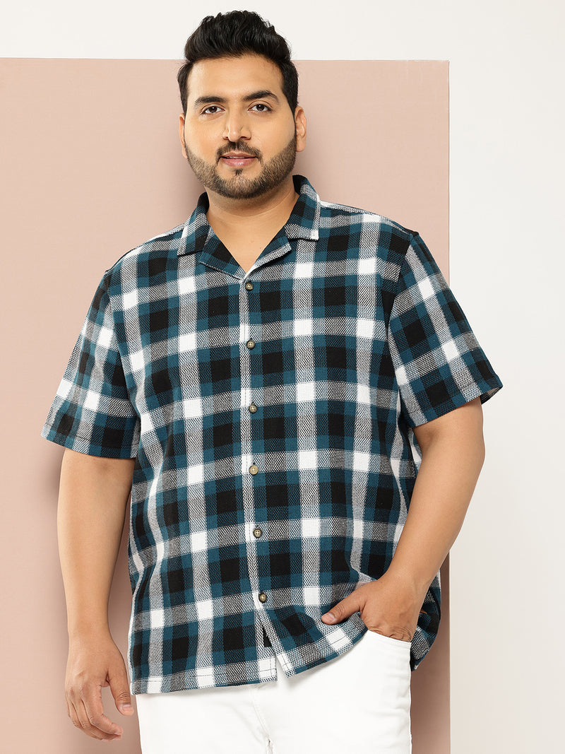 Thomas Scott Men Teal Plus Size Regular Fit Short Sleeves Windowpane Checks Casual Shirt