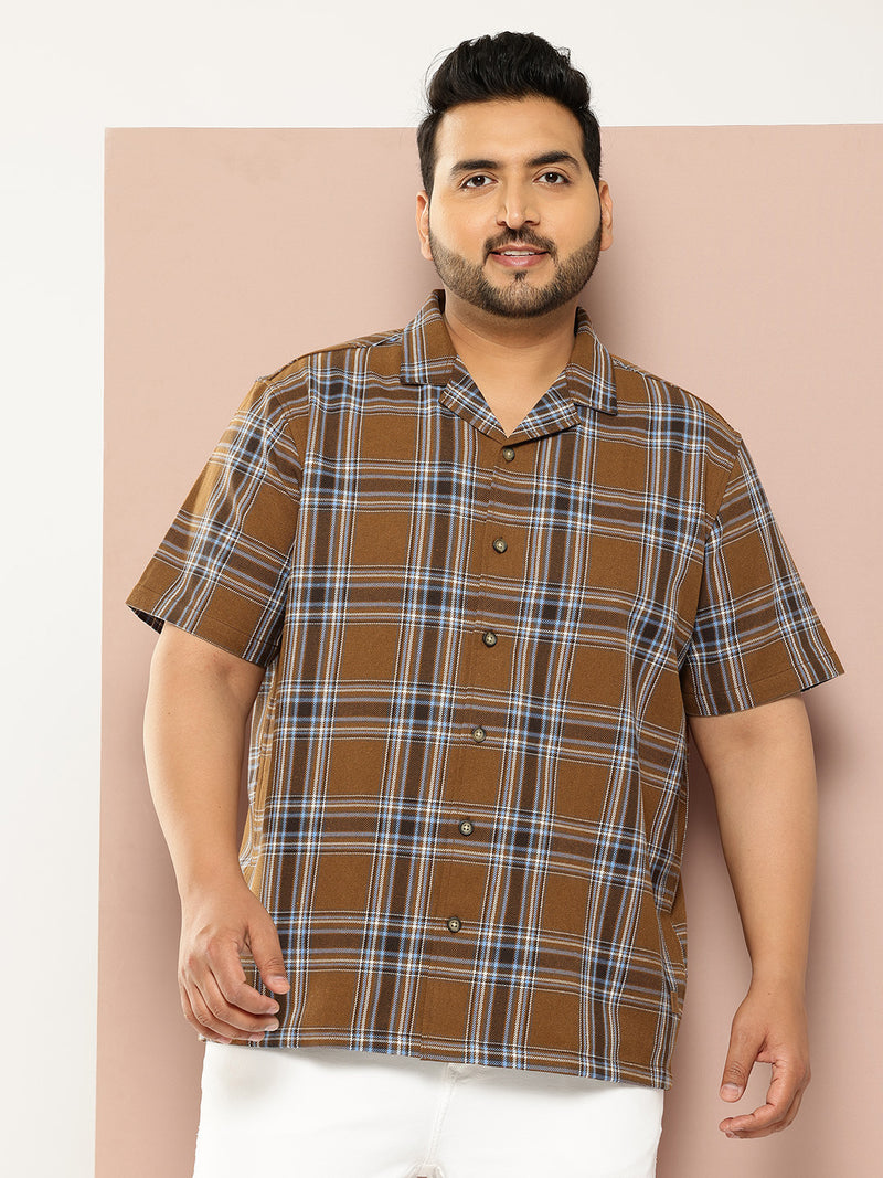 Thomas Scott Men Brown Plus Size Regular Fit Short Sleeves Windowpane Checks Casual Shirt