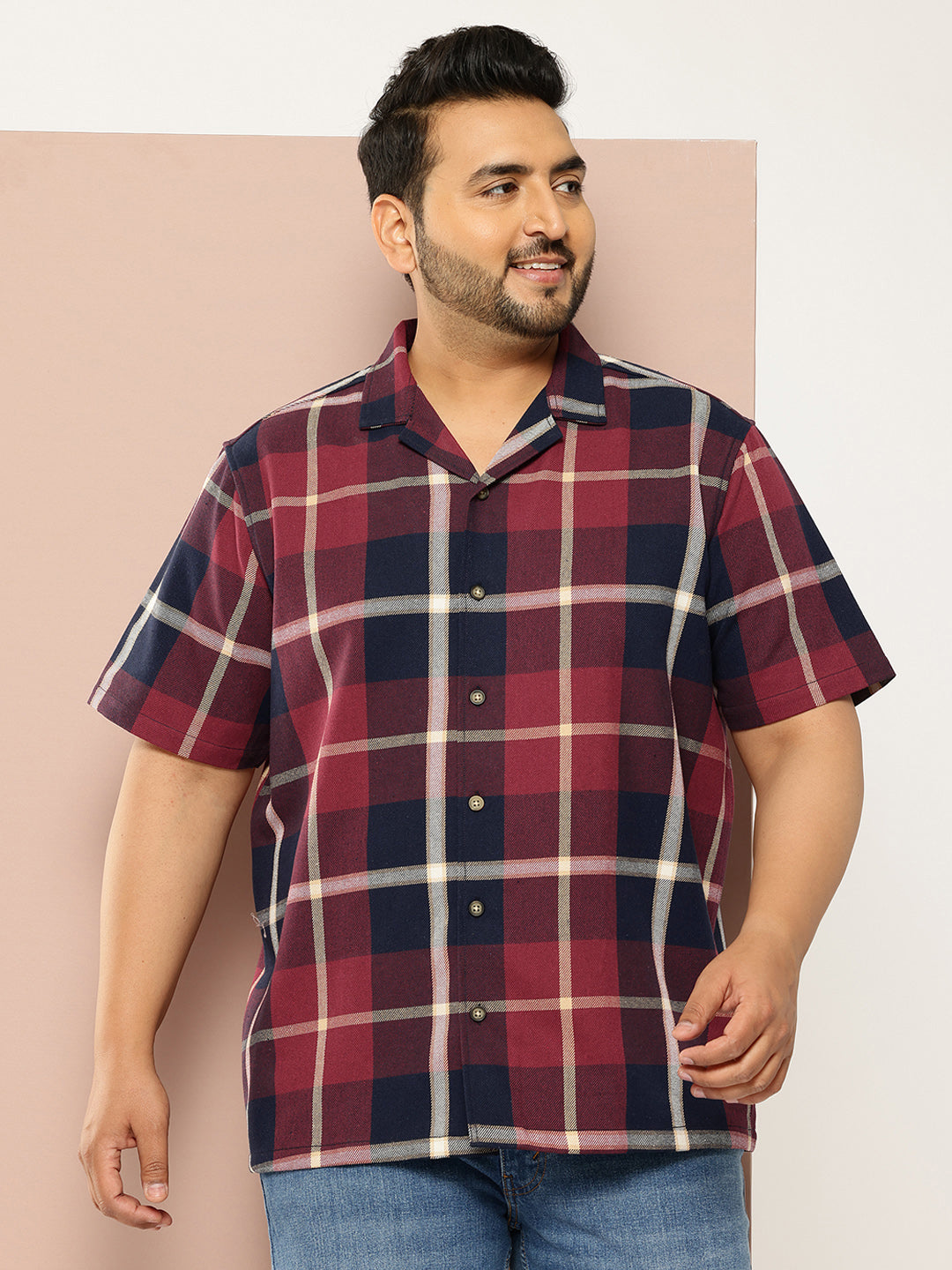 Thomas Scott Men Red Plus Size Regular Fit Short Sleeves Windowpane Checks Casual Shirt