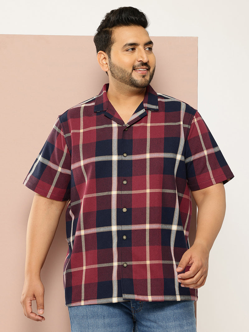 Thomas Scott Men Red Plus Size Regular Fit Short Sleeves Windowpane Checks Casual Shirt