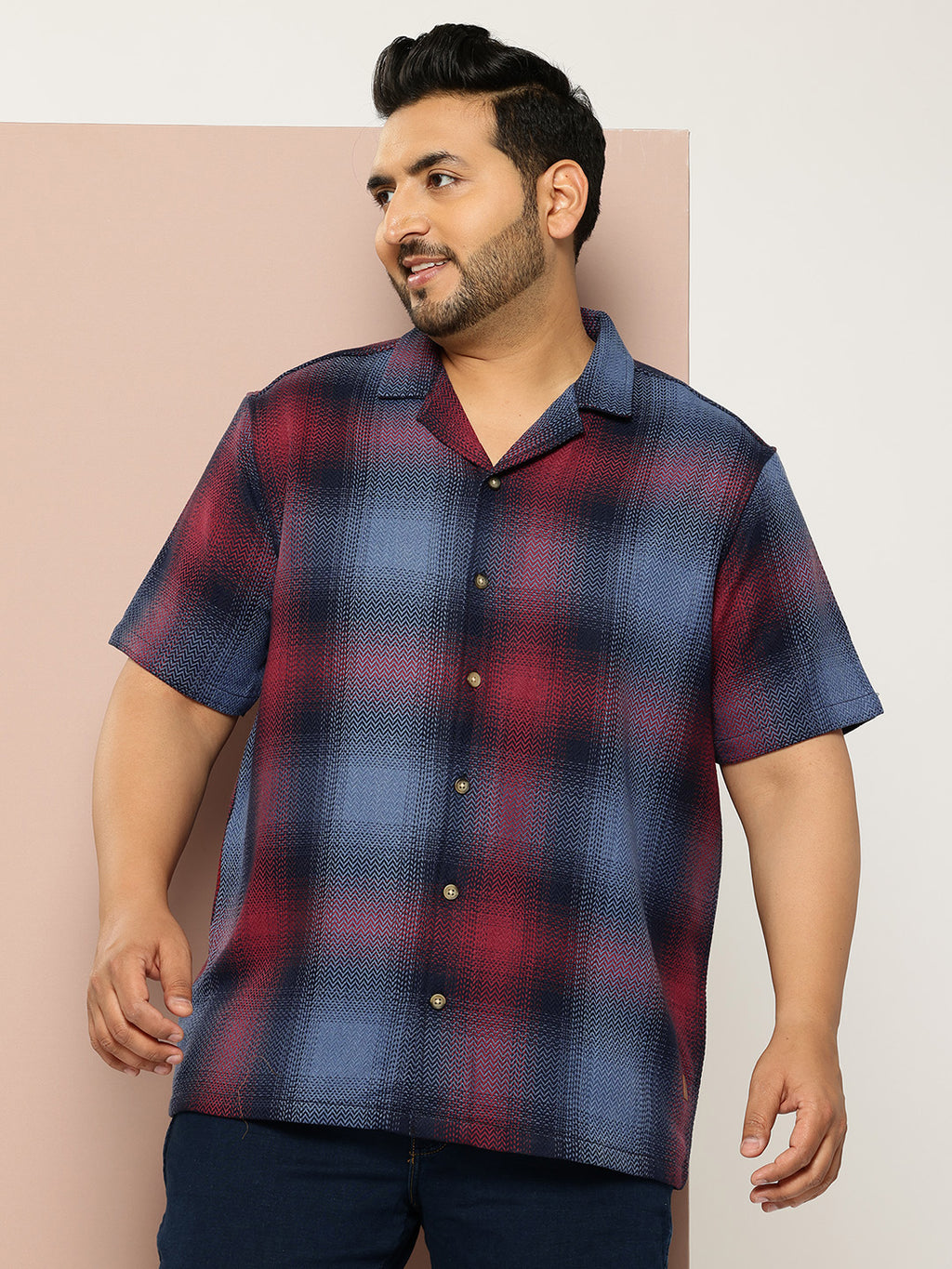 Thomas Scott Men Red Plus Size Regular Fit Short Sleeves Windowpane Checks Casual Shirt