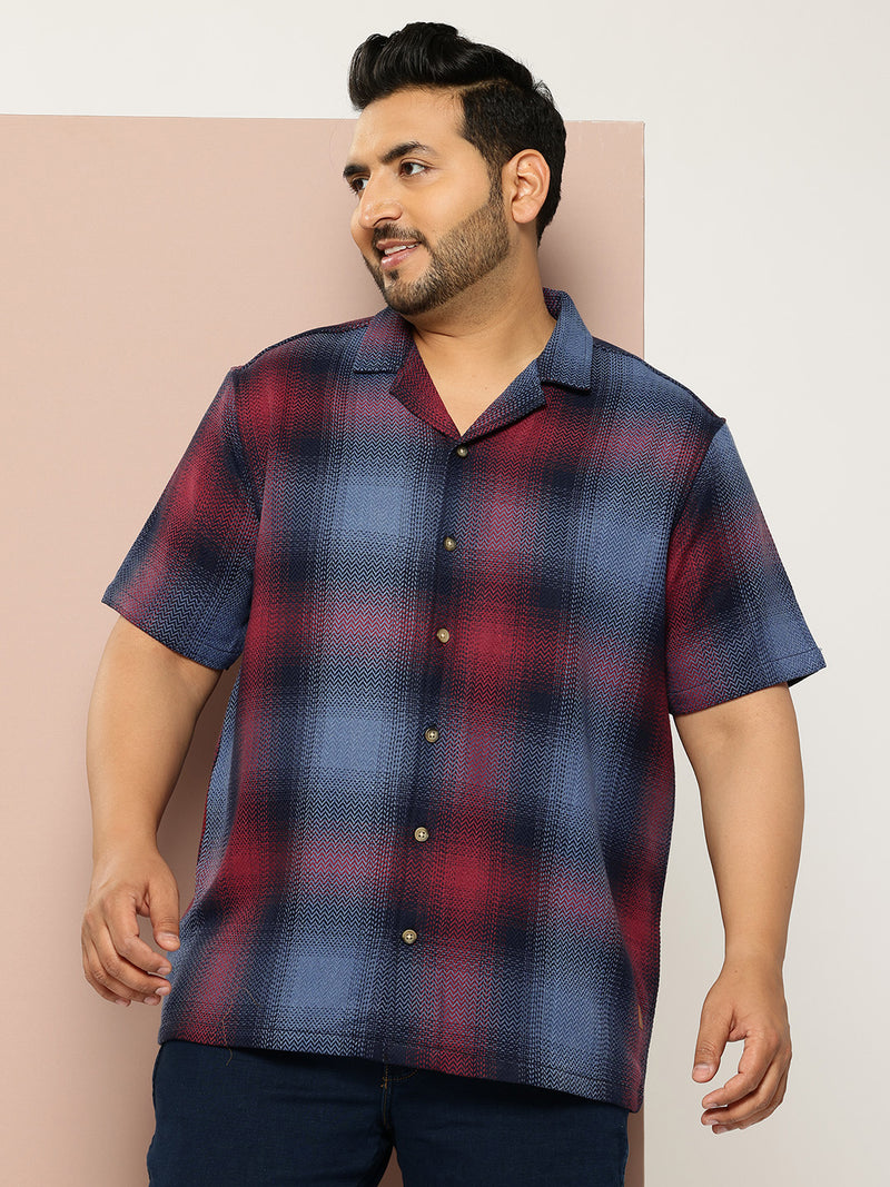 Thomas Scott Men Red Plus Size Regular Fit Short Sleeves Windowpane Checks Casual Shirt