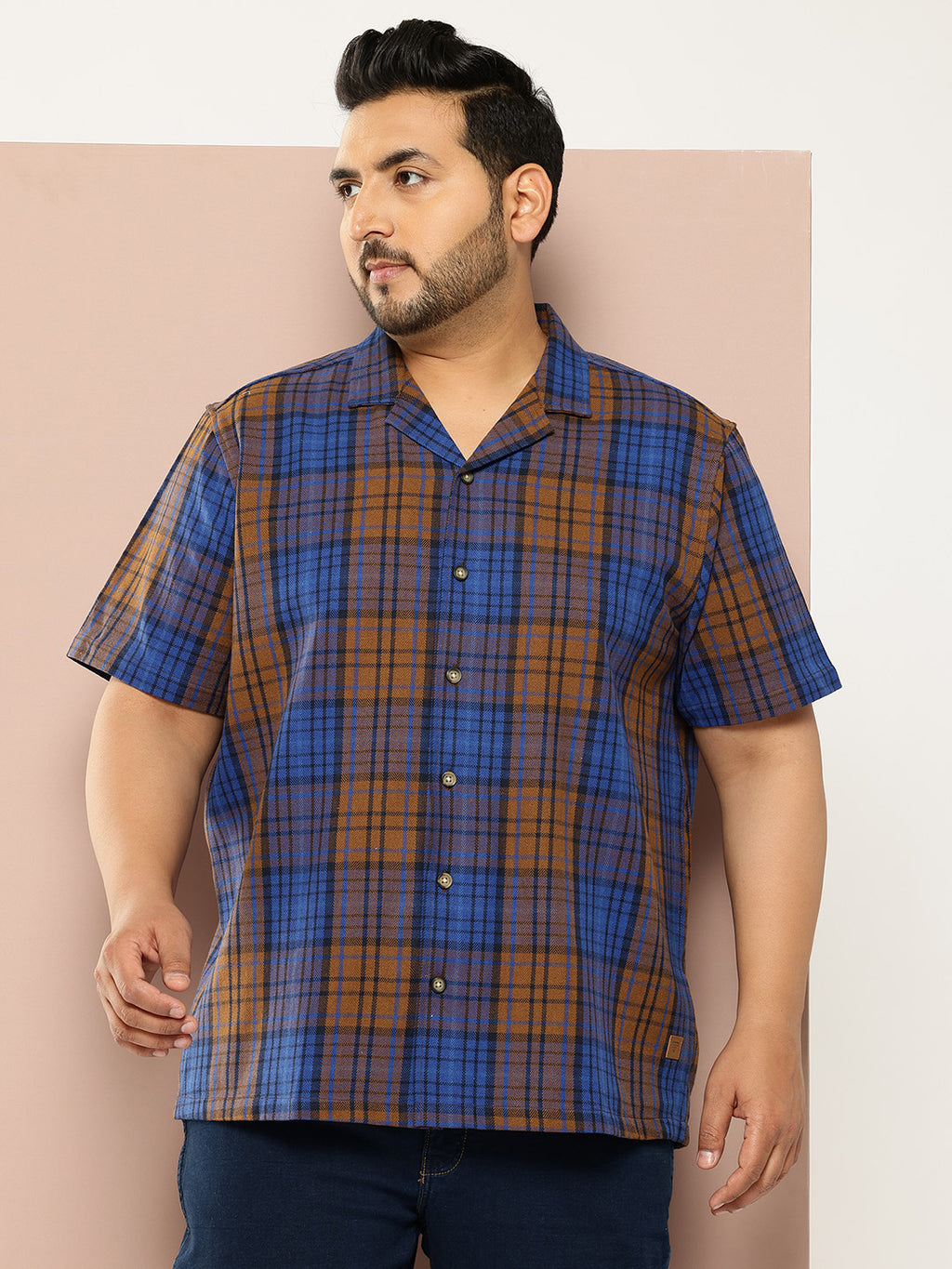 Thomas Scott Men Blue Plus Size Regular Fit Short Sleeves Windowpane Checks Casual Shirt