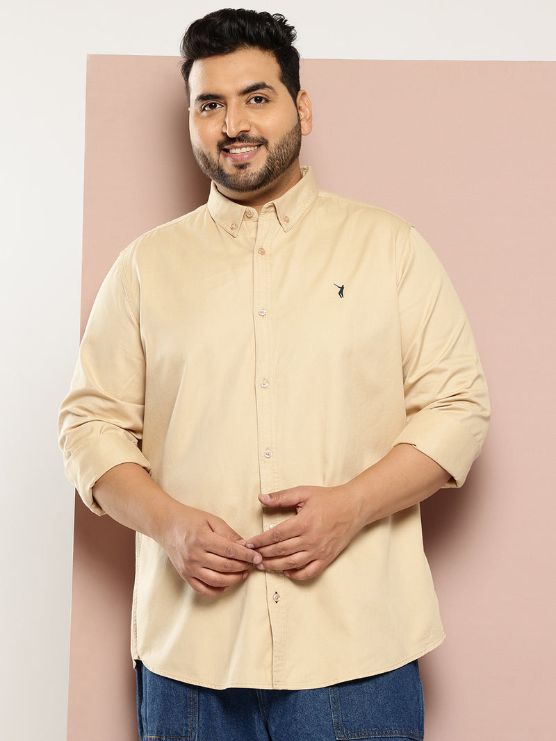 Thomas Scott Men Beige Plus Size Regular Fit Long Sleeves Button-Down Collar Twill Shirt