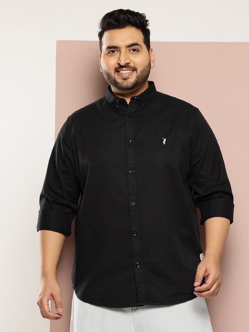 Thomas Scott Men Black Plus Size Regular Fit Long Sleeves Button-Down Collar Twill Shirt