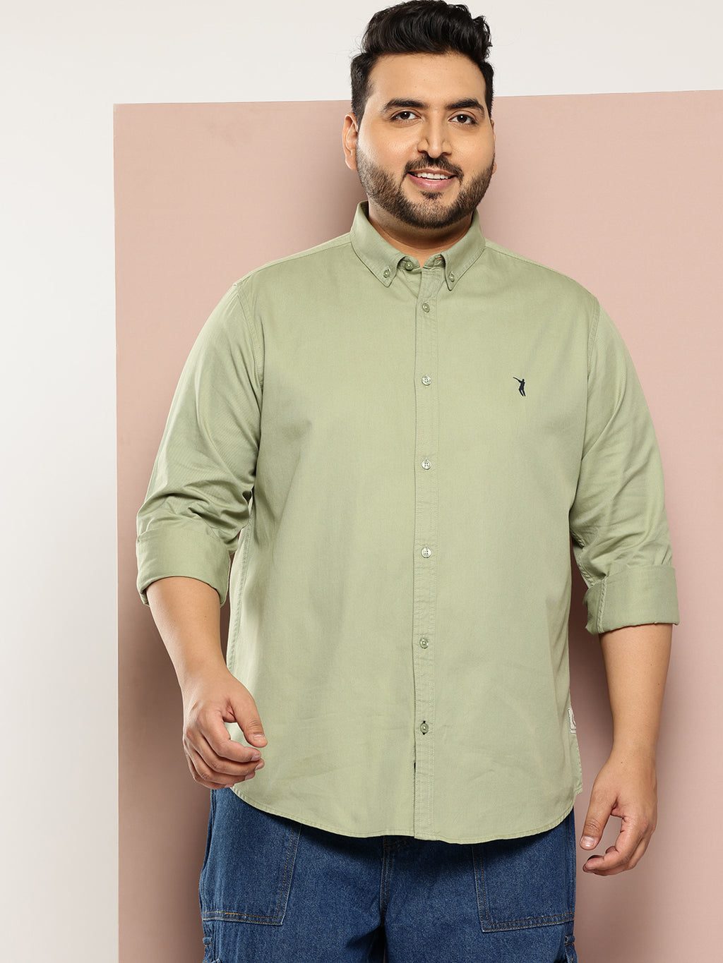 Thomas Scott Men Green Plus Size Regular Fit Long Sleeves Button-Down Collar Twill Shirt