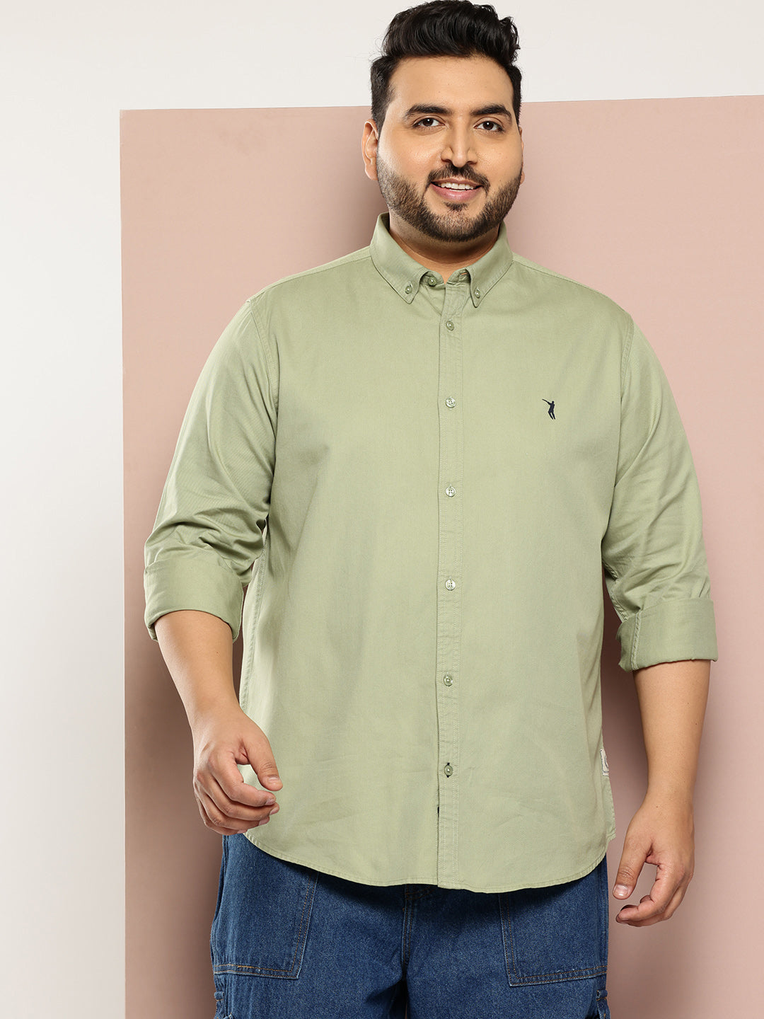 Thomas Scott Men Green Plus Size Regular Fit Long Sleeves Button-Down Collar Twill Shirt