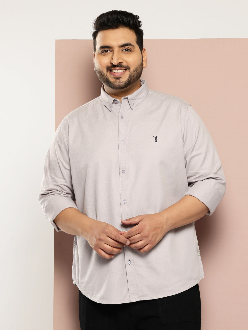 Thomas Scott Men Grey Plus Size Regular Fit Long Sleeves Button-Down Collar Twill Shirt