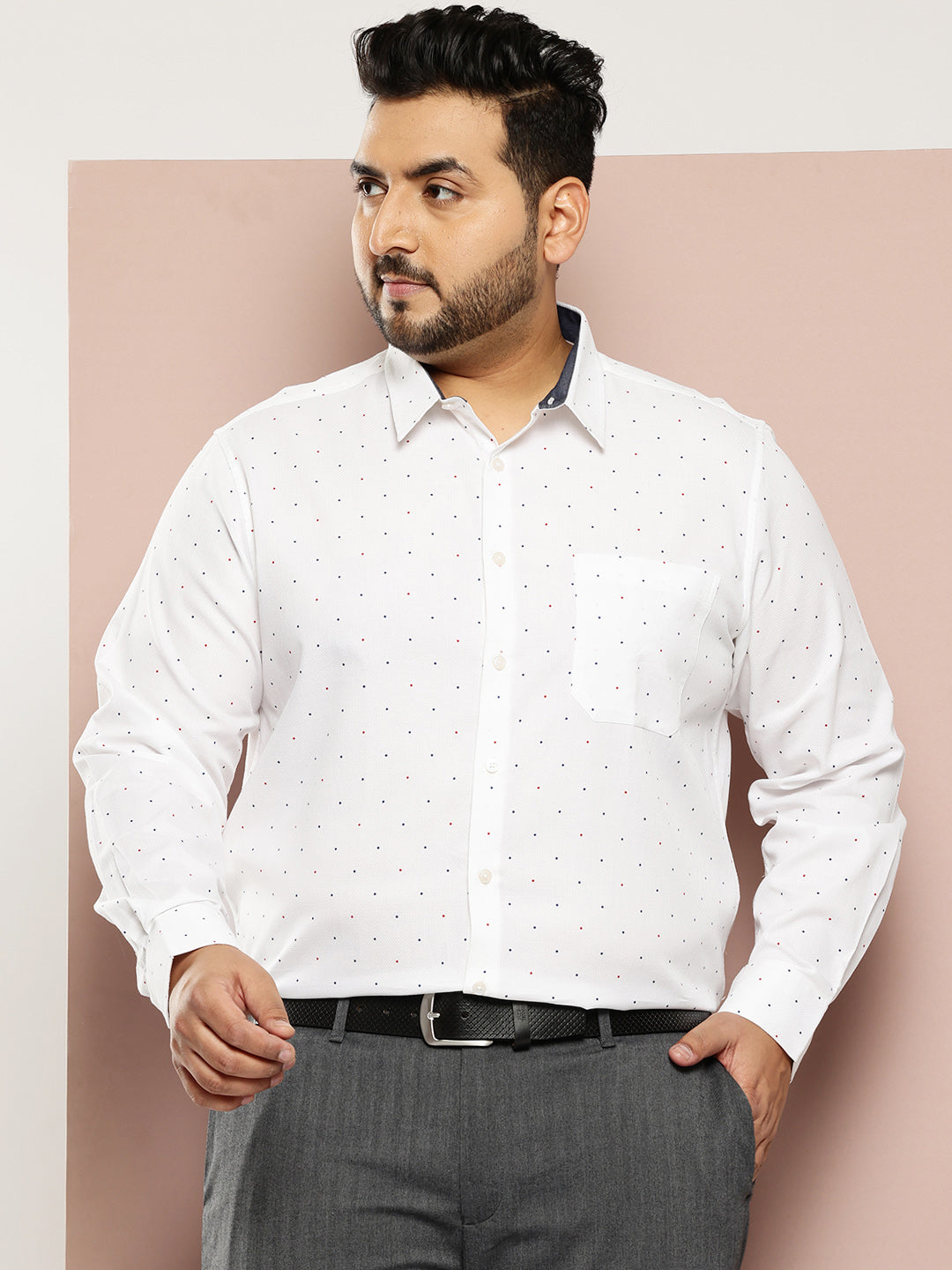 Thomas Scott Men White Plus Size Regular Fit Long Sleeves Polka Dots Printed Formal Shirt
