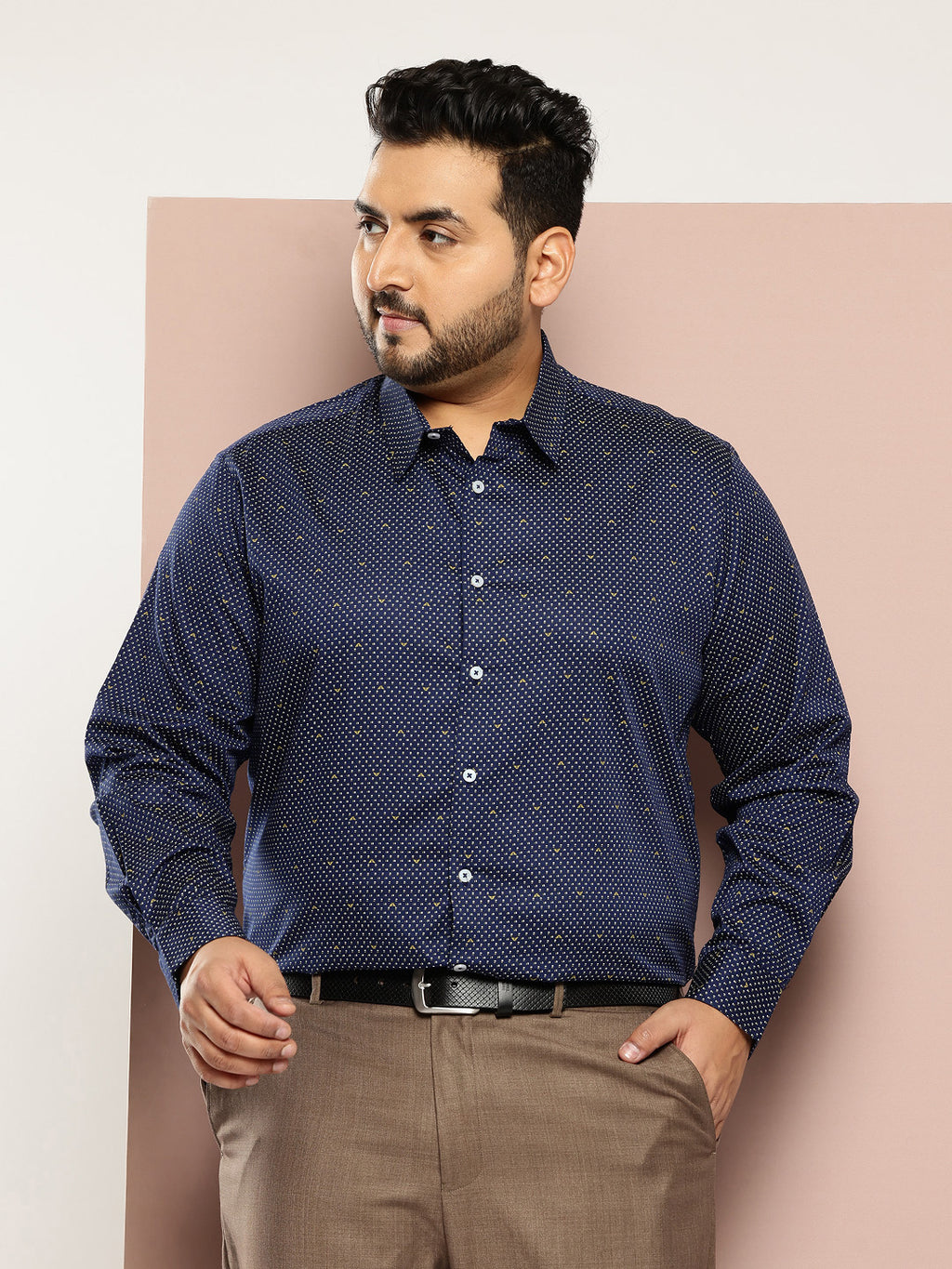 Thomas Scott Men DarkBlue Plus Size Regular Fit Micro Ditsy Printed Cotton Formal Shirt