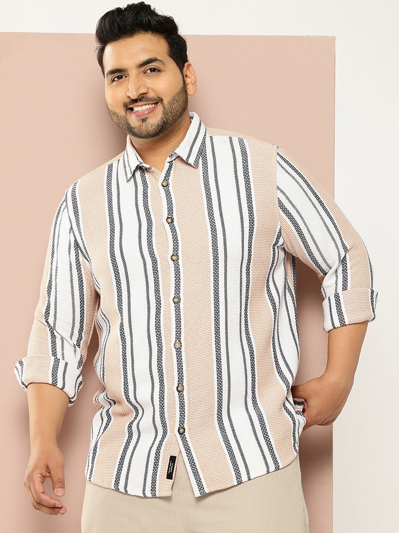 Thomas Scott Men White Plus Size Regular Fit Vertical Stripes Woven Shirt