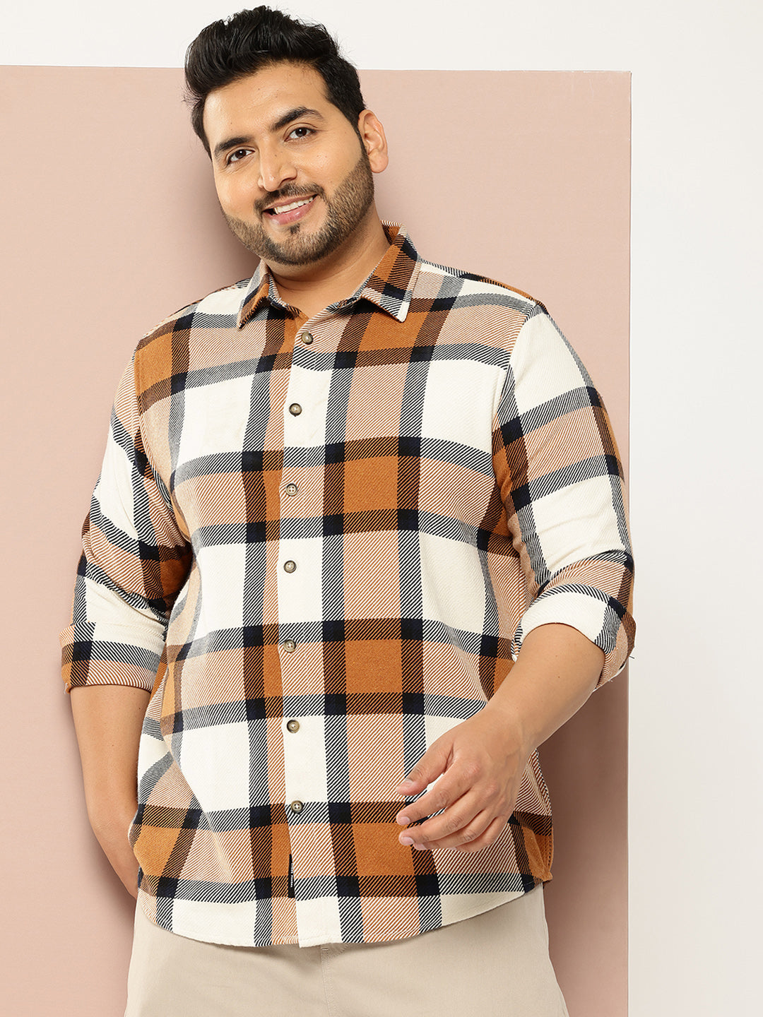 Thomas Scott Men Cream Plus Size Regular Fit Windowpane Checks Woven Shirt