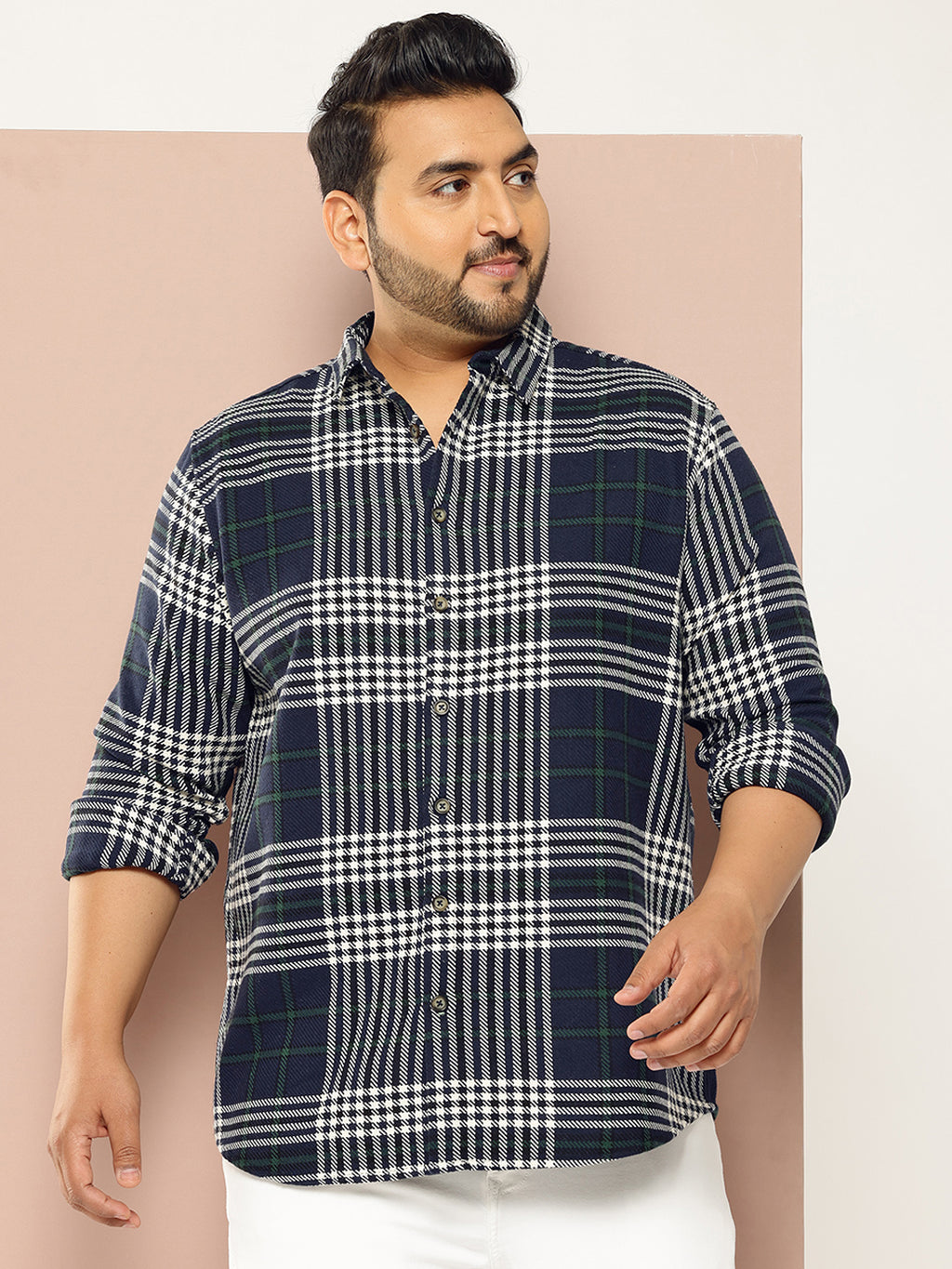 Thomas Scott Men NavyBlue Plus Size Regular Fit Tartan Checks Woven Shirt