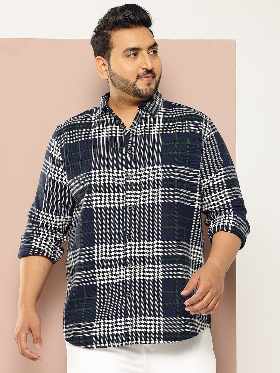 Thomas Scott Men NavyBlue Plus Size Regular Fit Tartan Checks Woven Shirt