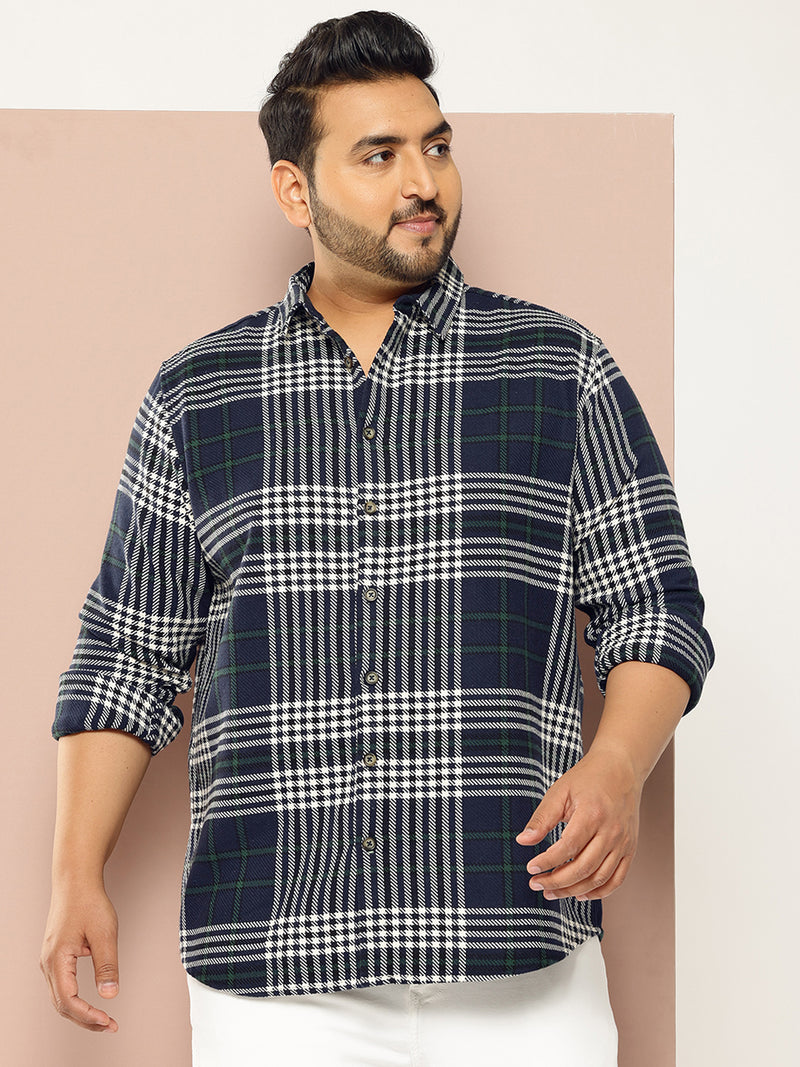 Thomas Scott Men NavyBlue Plus Size Regular Fit Tartan Checks Woven Shirt