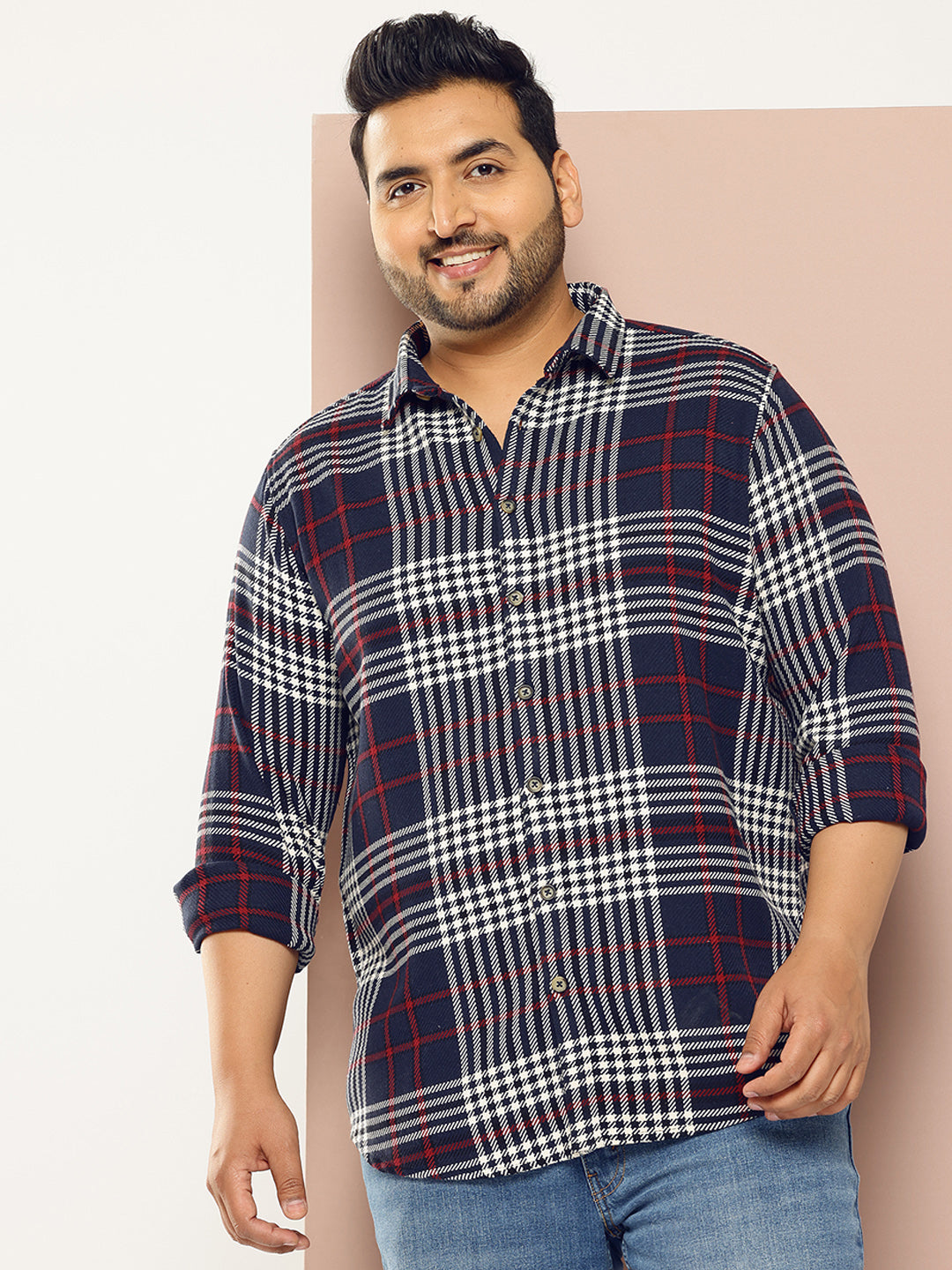 Thomas Scott Men NavyBlue Plus Size Regular Fit Tartan Checks Woven Shirt