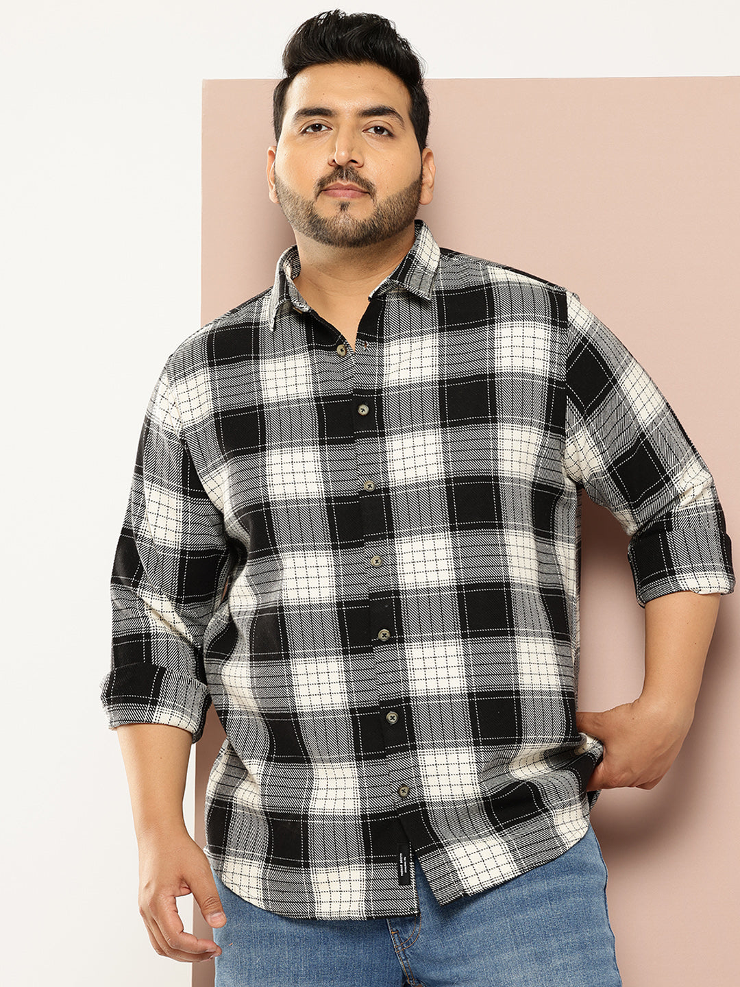 Thomas Scott Men Black Plus Size Long Sleeves Regular Fit Tartan Checks Woven Shirt