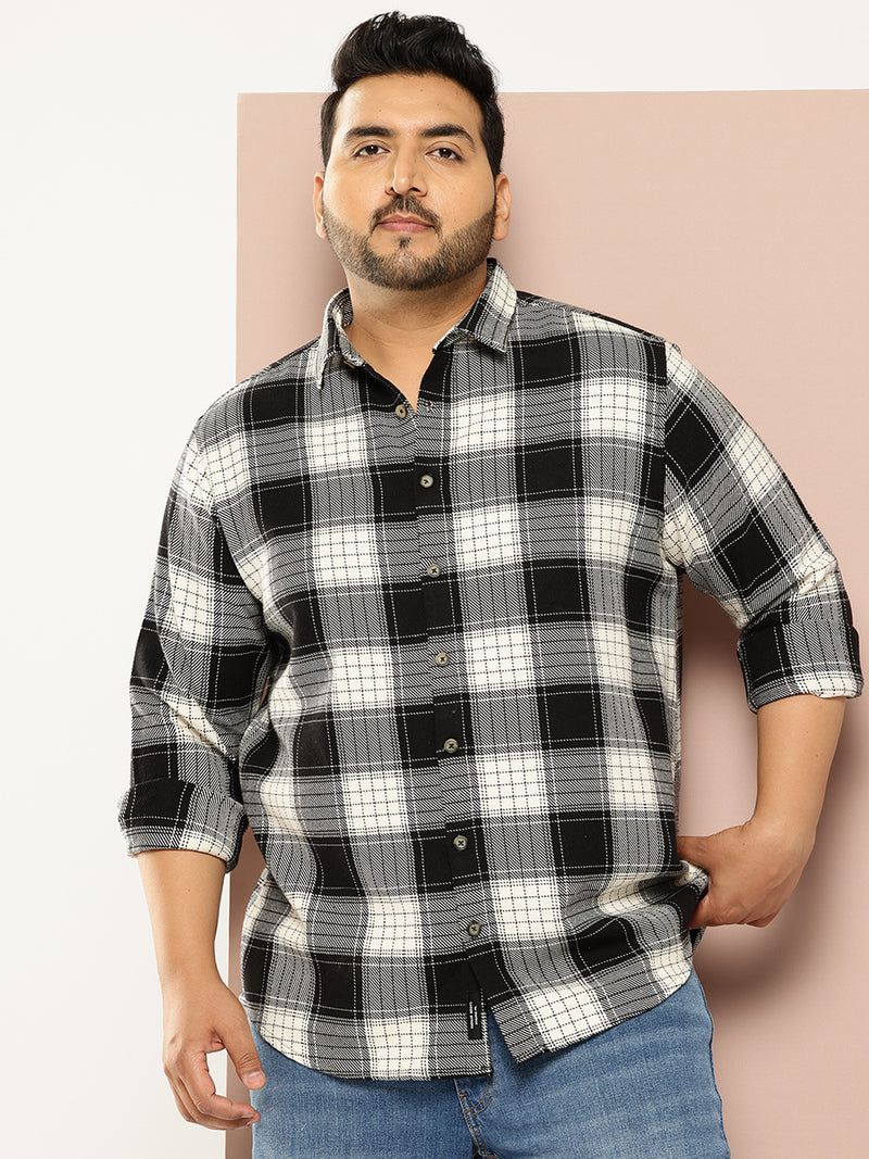 Thomas Scott Men Black Plus Size Long Sleeves Regular Fit Tartan Checks Woven Shirt