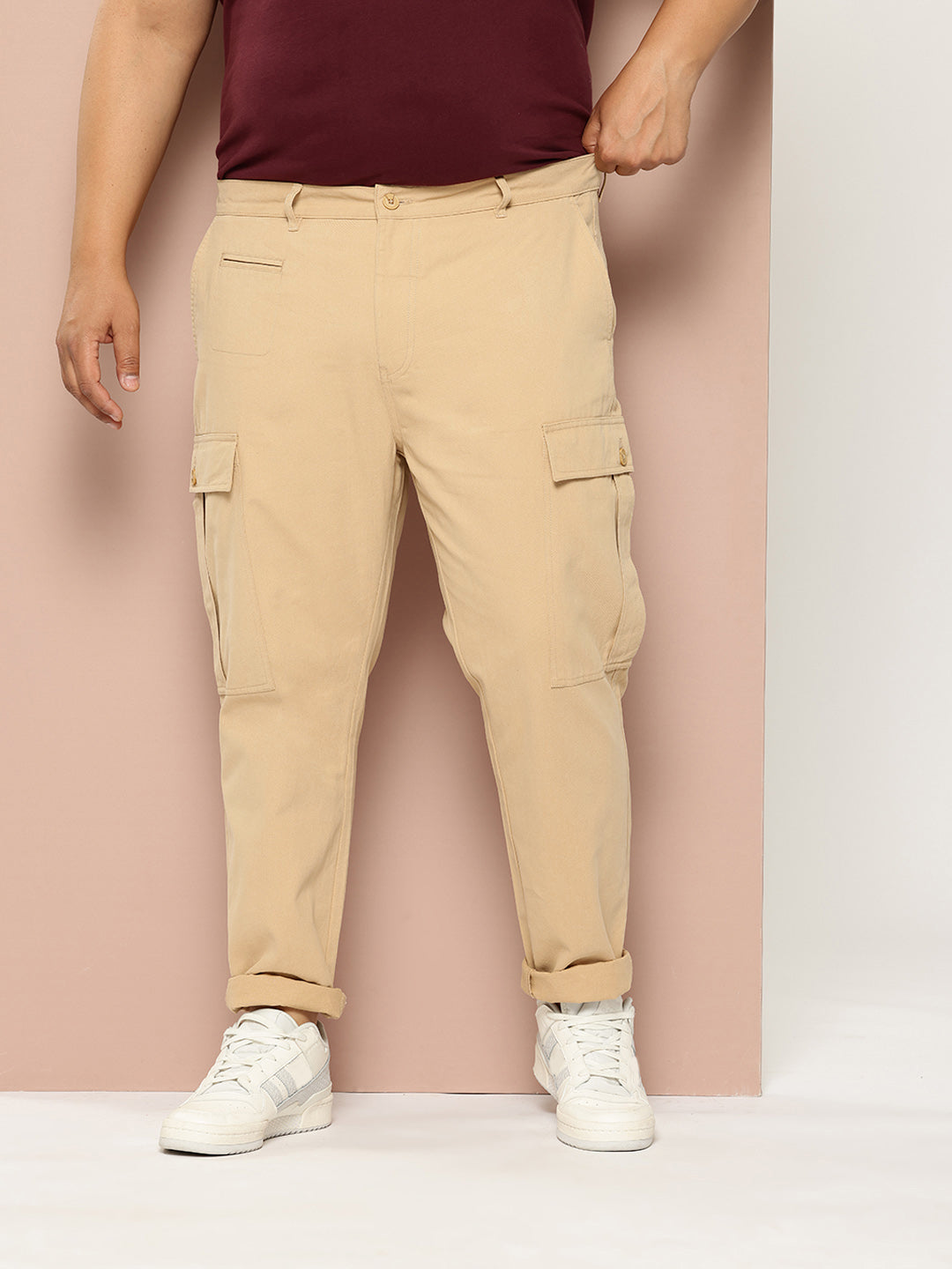 Thomas Scott Men Beige Plus Size Regular fit Mid-rise Cotton Woven Cargo Trouser