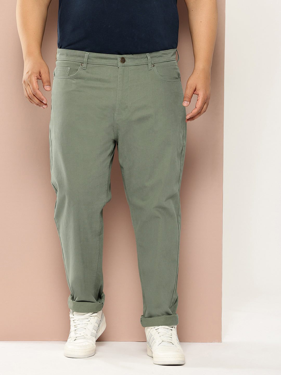 Thomas Scott Men Olive Plus Size Regular fit Mid-rise Cotton Woven Chino Trouser