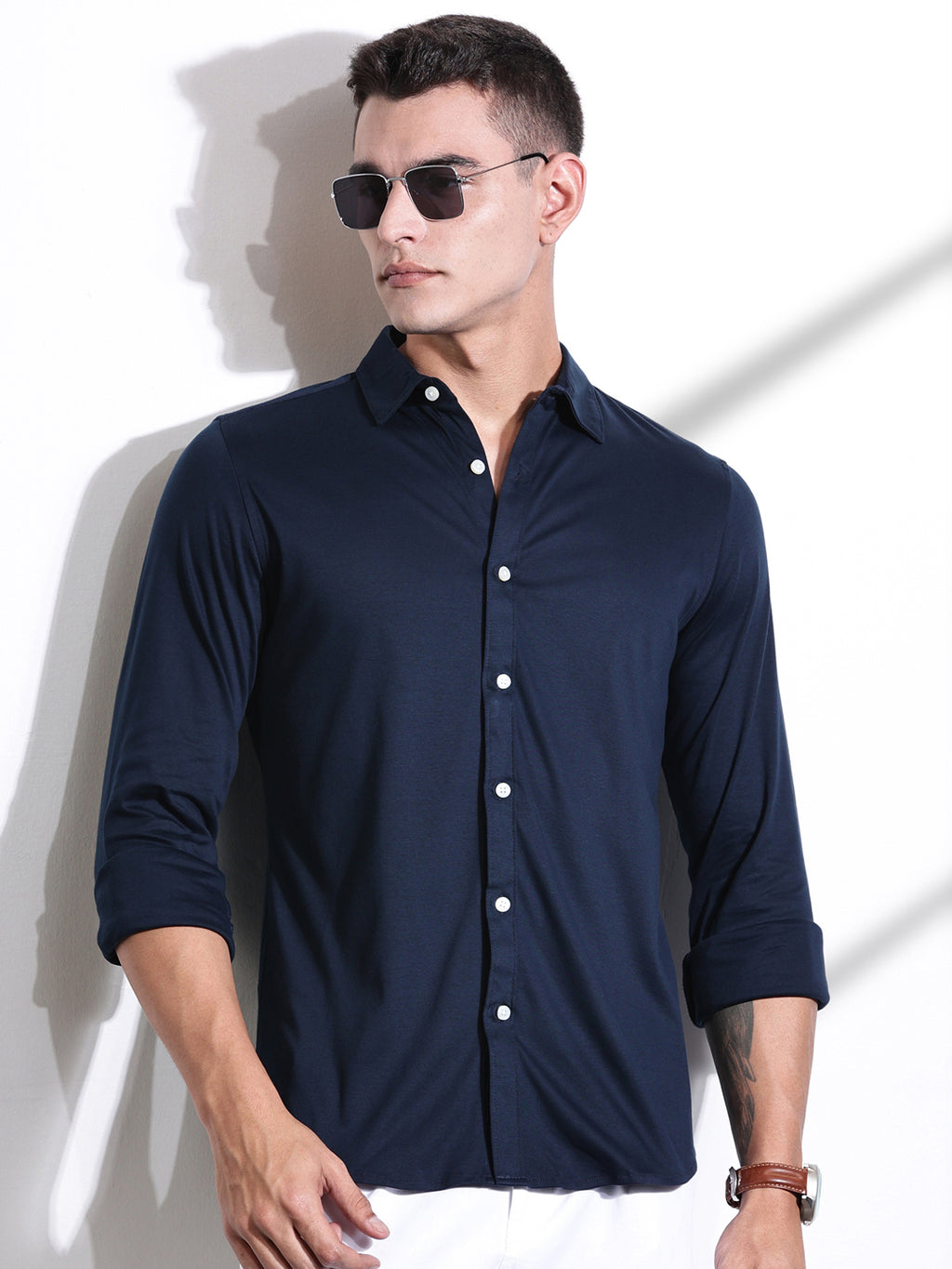 Thomas Scott Men Navy Blue Spread Collar Slim Fit Long Sleeves Solid Knitted Shirt