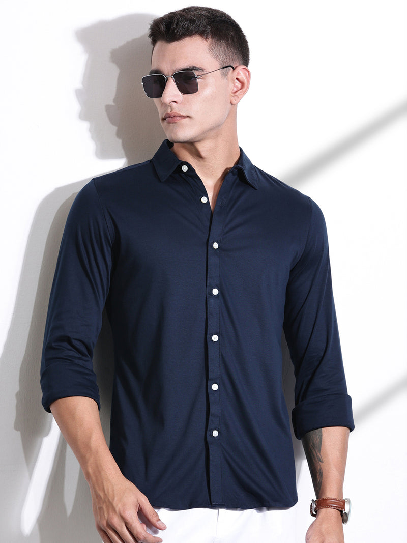 Thomas Scott Men Navy Blue Spread Collar Slim Fit Long Sleeves Solid Knitted Shirt
