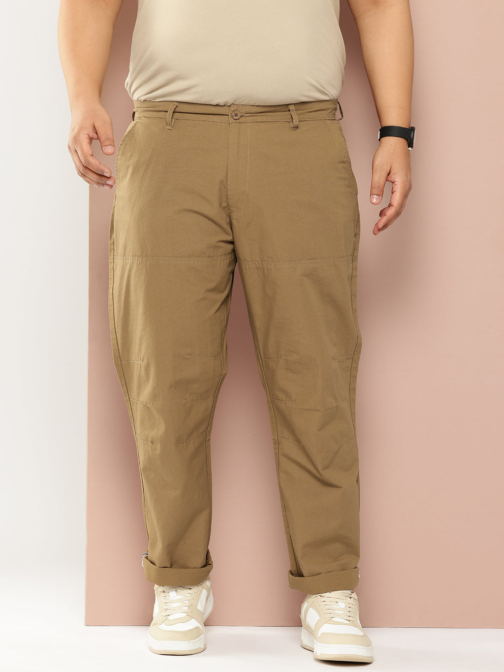 Thomas Scott Men Khaki Plus Size Regular Fit Mid-Rise Solid Woven Trousers