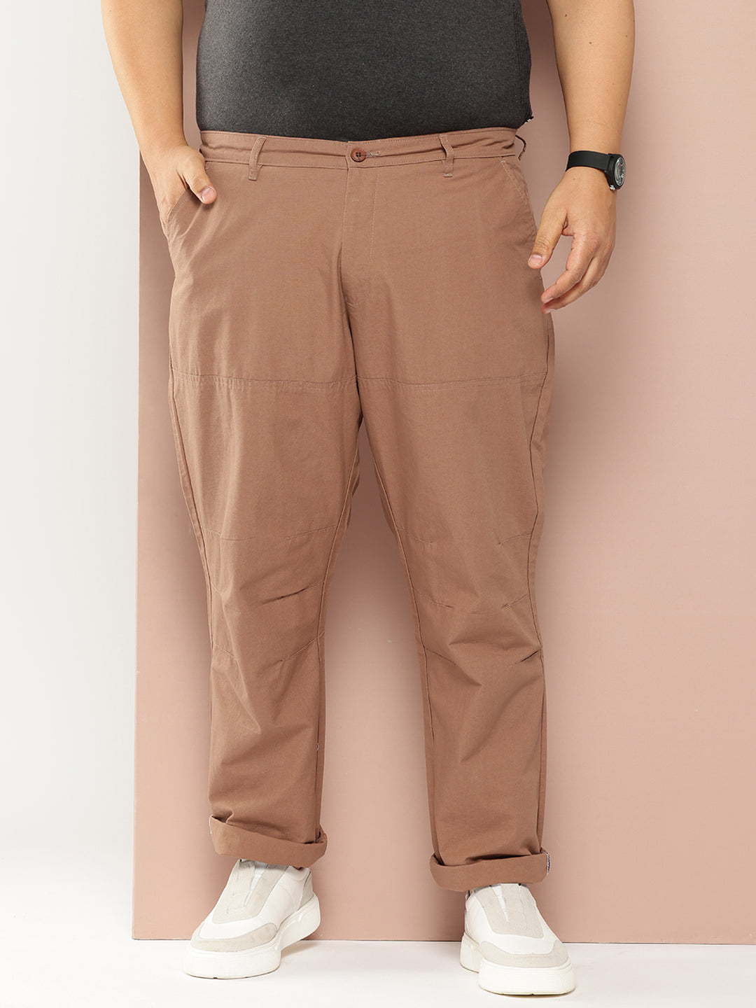 Thomas Scott Men Peach Plus Size Regular Fit Mid-Rise Solid Woven Trousers