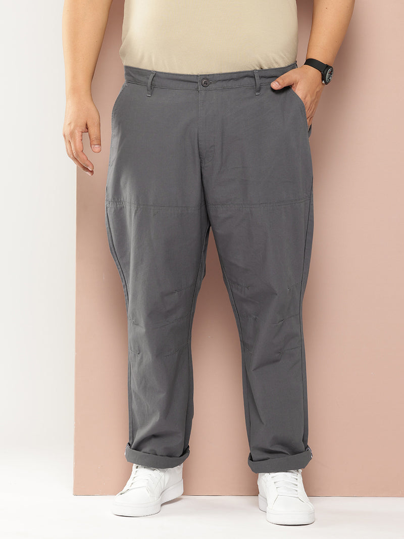 Thomas Scott Men SteelGrey Plus Size Regular Fit Mid-Rise Solid Woven Trousers