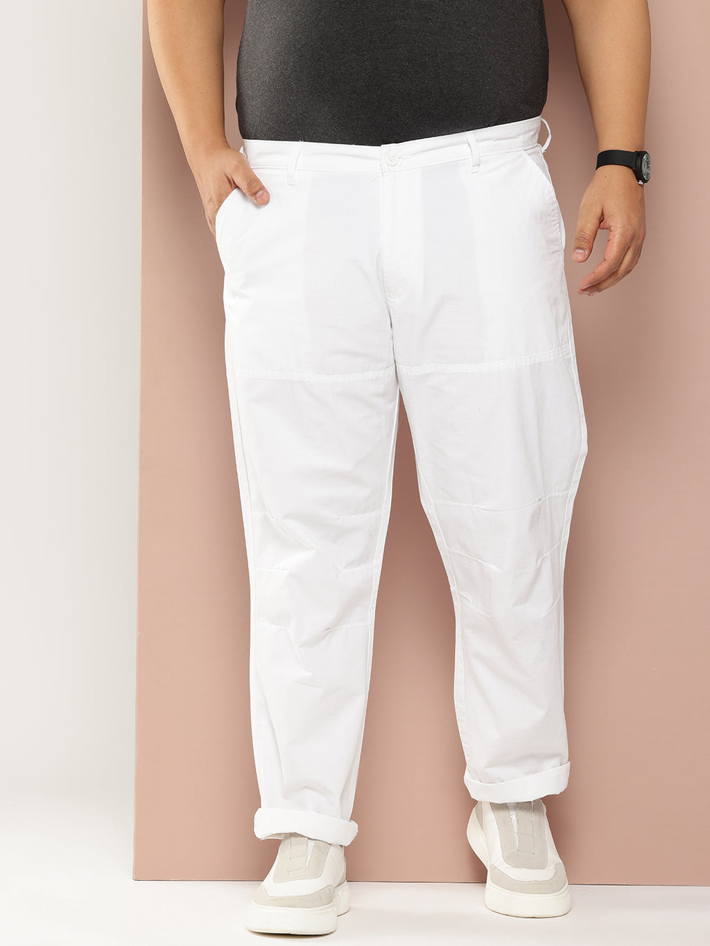 Thomas Scott Men White Plus Size Regular Fit Mid-Rise Solid Woven Trousers