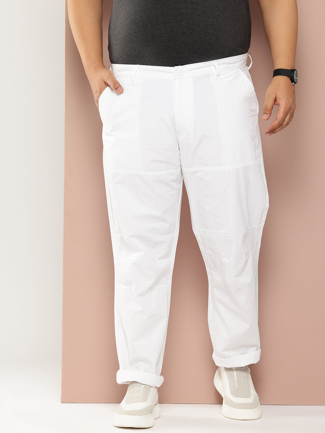 Thomas Scott Men White Plus Size Regular Fit Mid-Rise Solid Woven Trousers