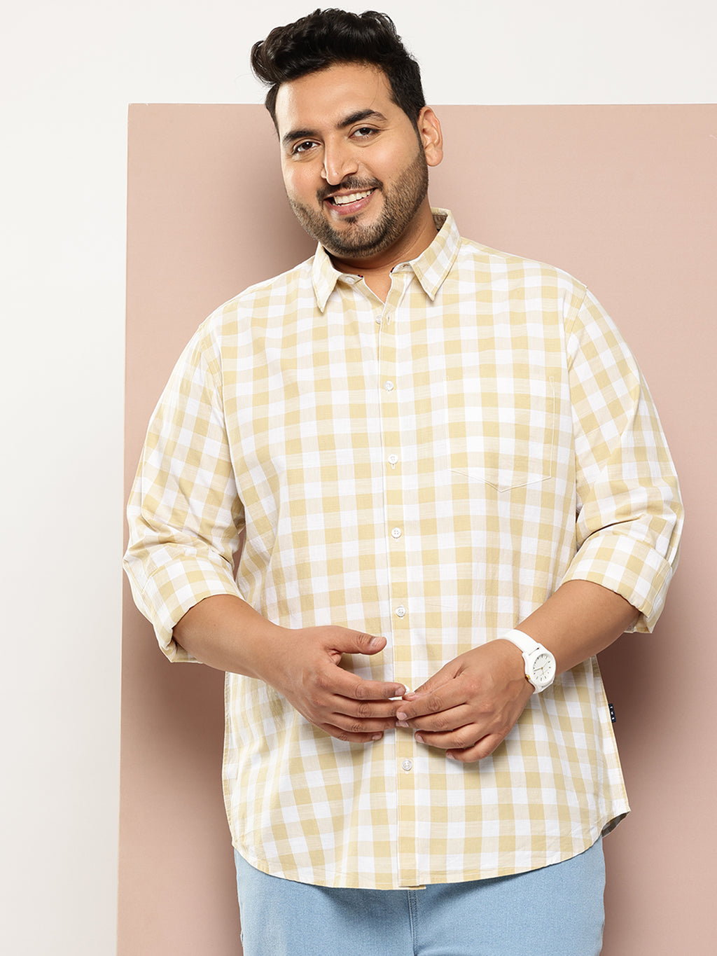 Thomas Scott Men Beige Plus Size Regular Fit Long Sleeves Tartan Checks Casual Shirt