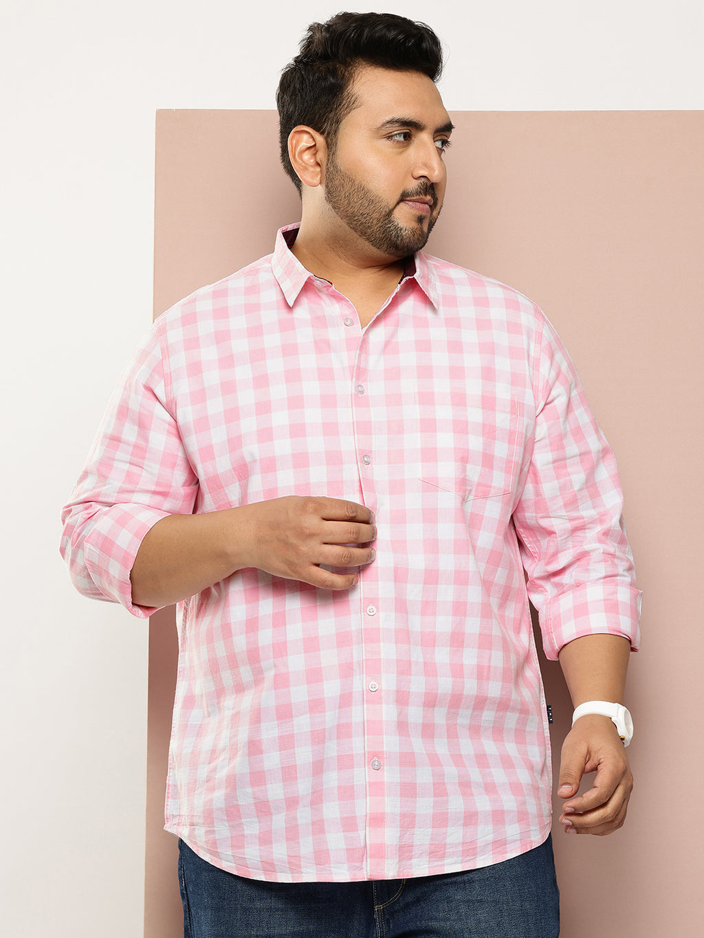 Thomas Scott Men Pink Plus Size Regular Fit Long Sleeves Tartan Checks Casual Shirt