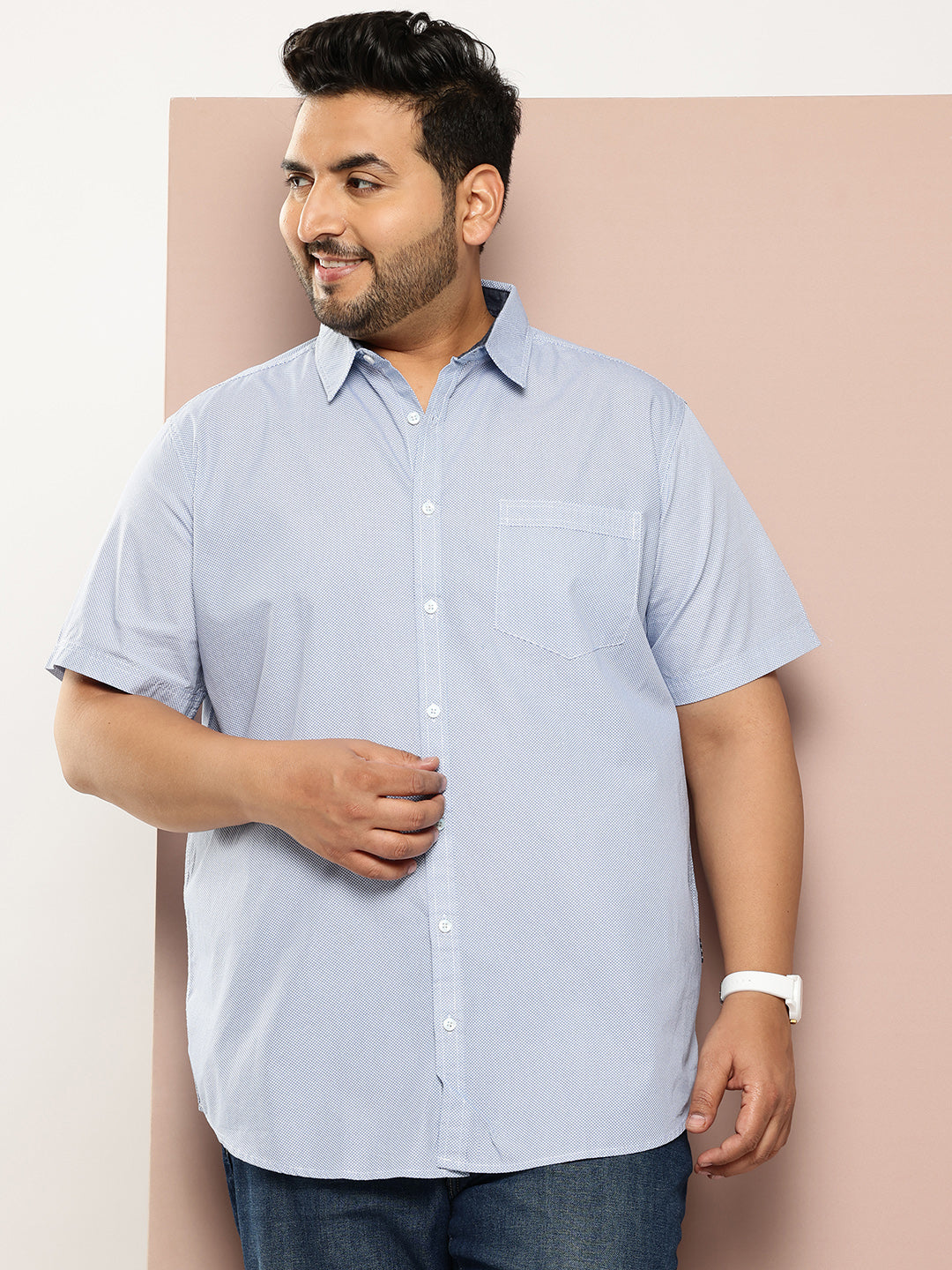 Thomas Scott Men Blue Plus Size Regular Fit Short Sleeves Micro Ditsy Printed Woven Casual Shirt
