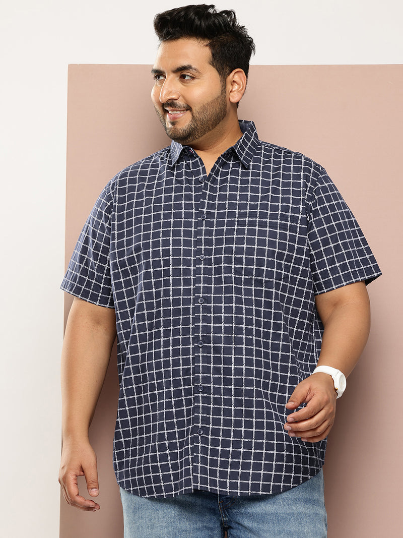 Thomas Scott Men Navy Plus Size Regular Fit Short Sleeves Windowpane Checks Woven Casual Shirt
