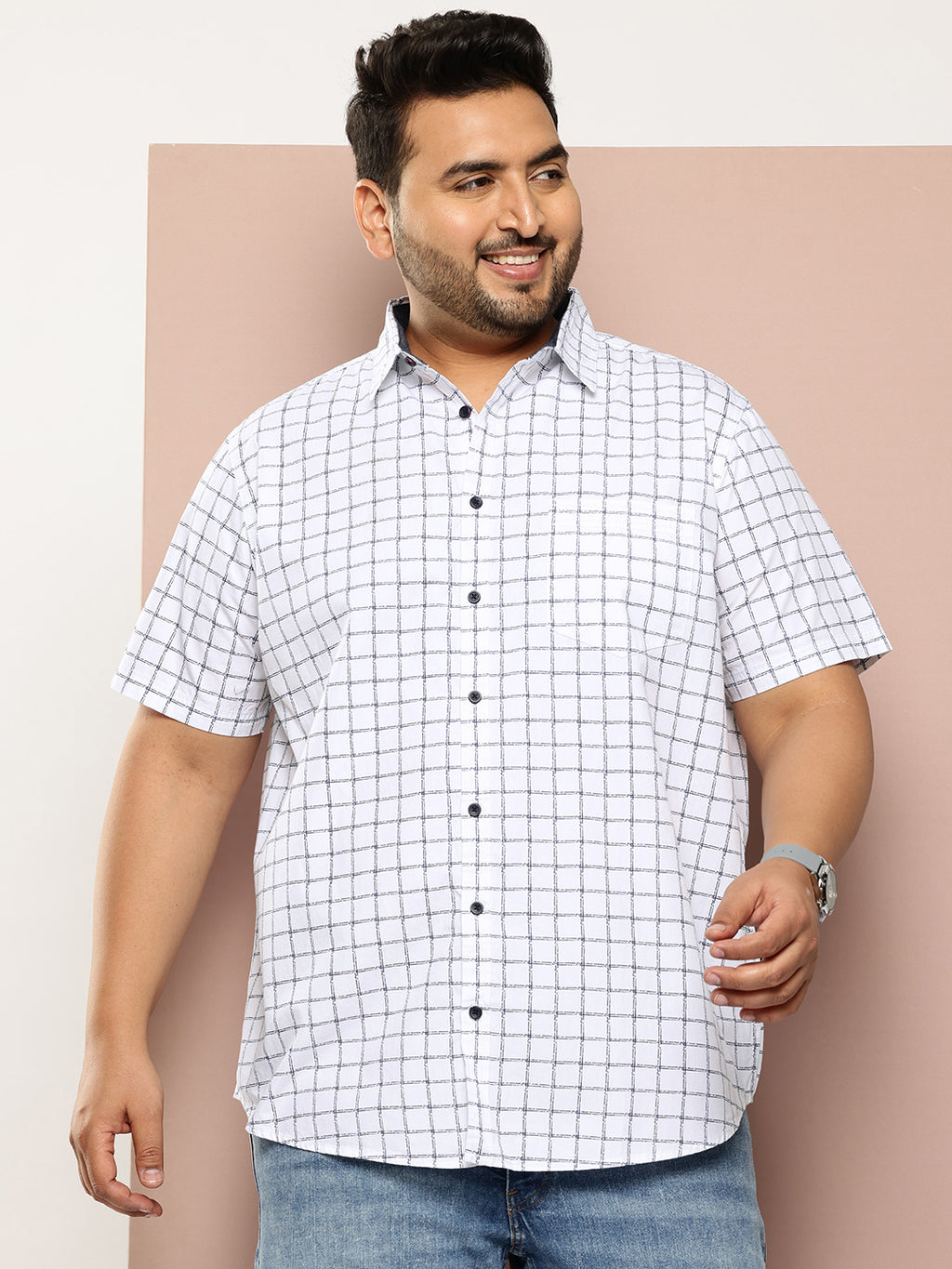 Thomas Scott Men White Plus Size Regular Fit Short Sleeves Windowpane Checks Woven Casual Shirt