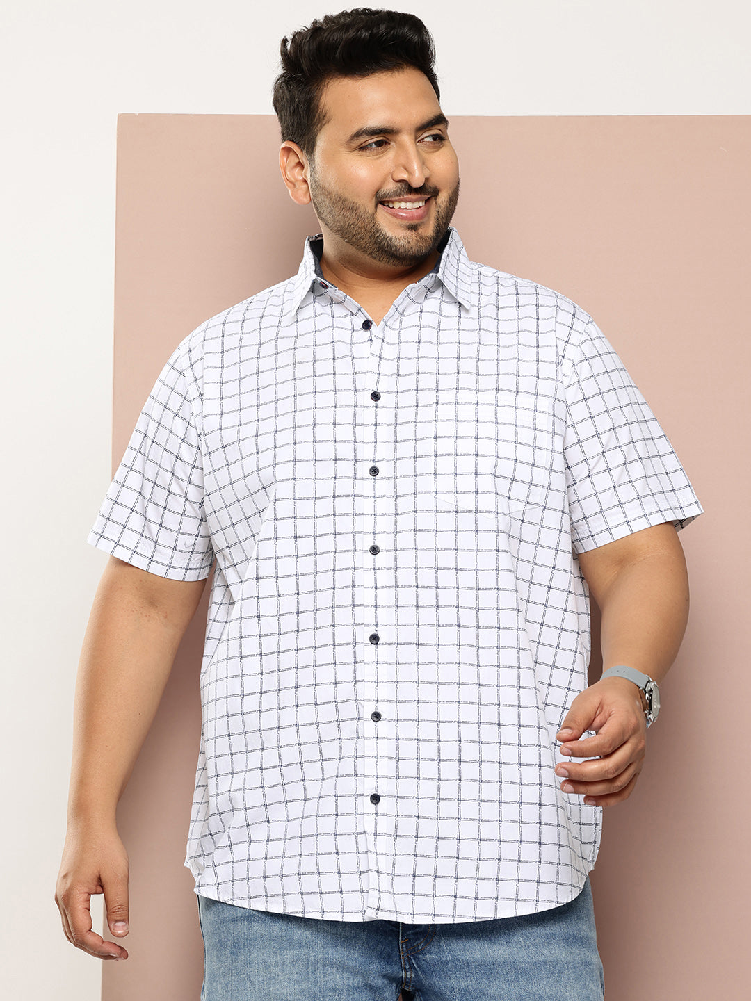 Thomas Scott Men White Plus Size Regular Fit Short Sleeves Windowpane Checks Woven Casual Shirt