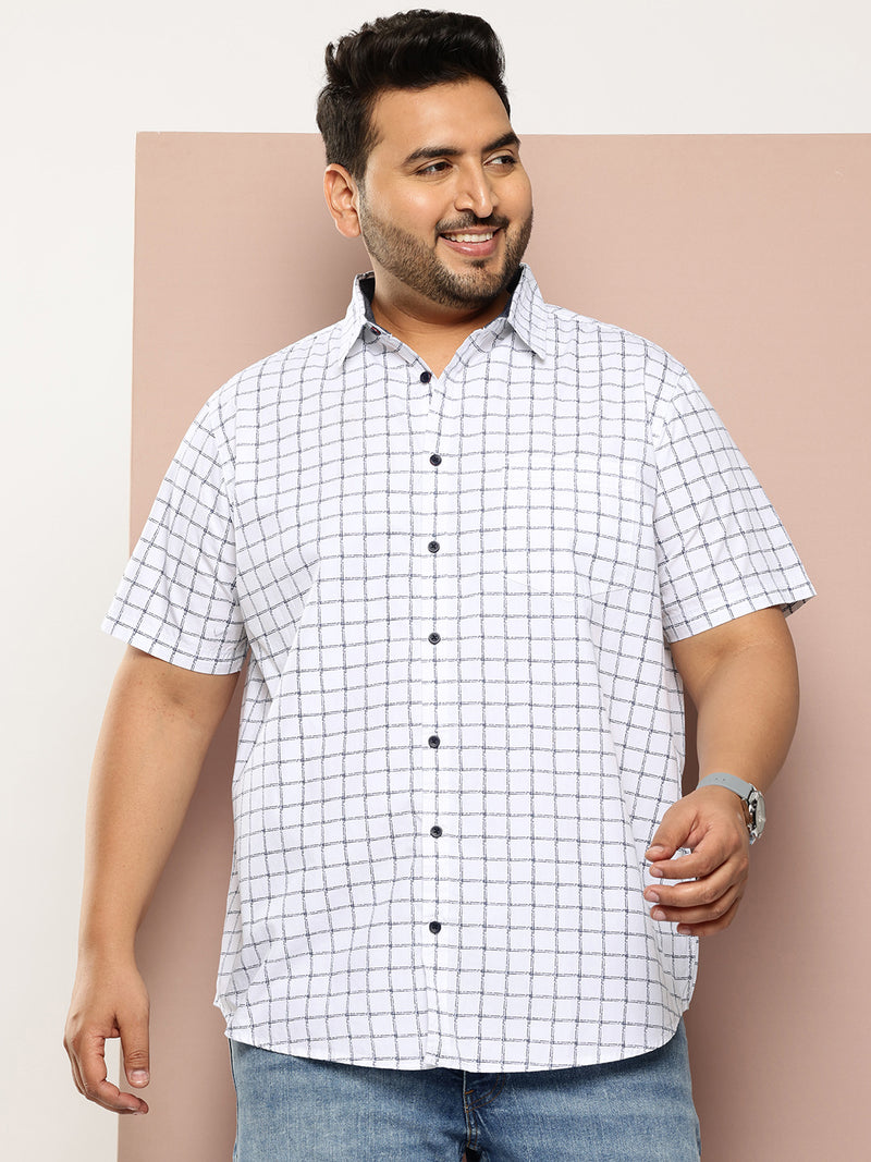 Thomas Scott Men White Plus Size Regular Fit Short Sleeves Windowpane Checks Woven Casual Shirt