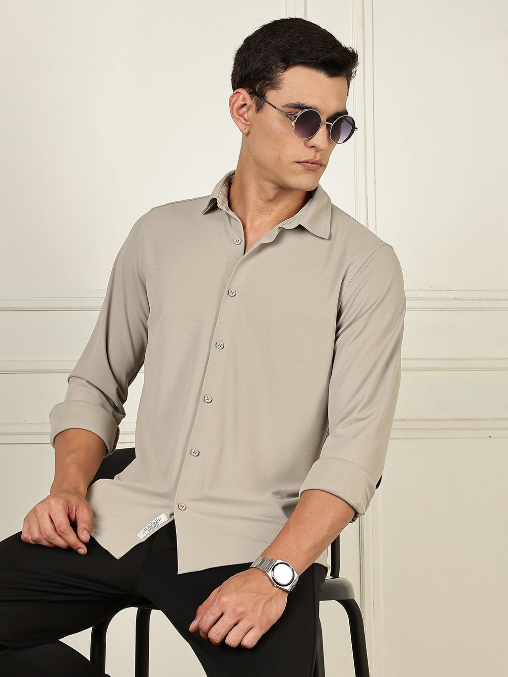 Thomas Scott Men Grey Premium Slim Fit Long Sleeves 4 Way Stretch CoolMax Knitted Casual Shirt
