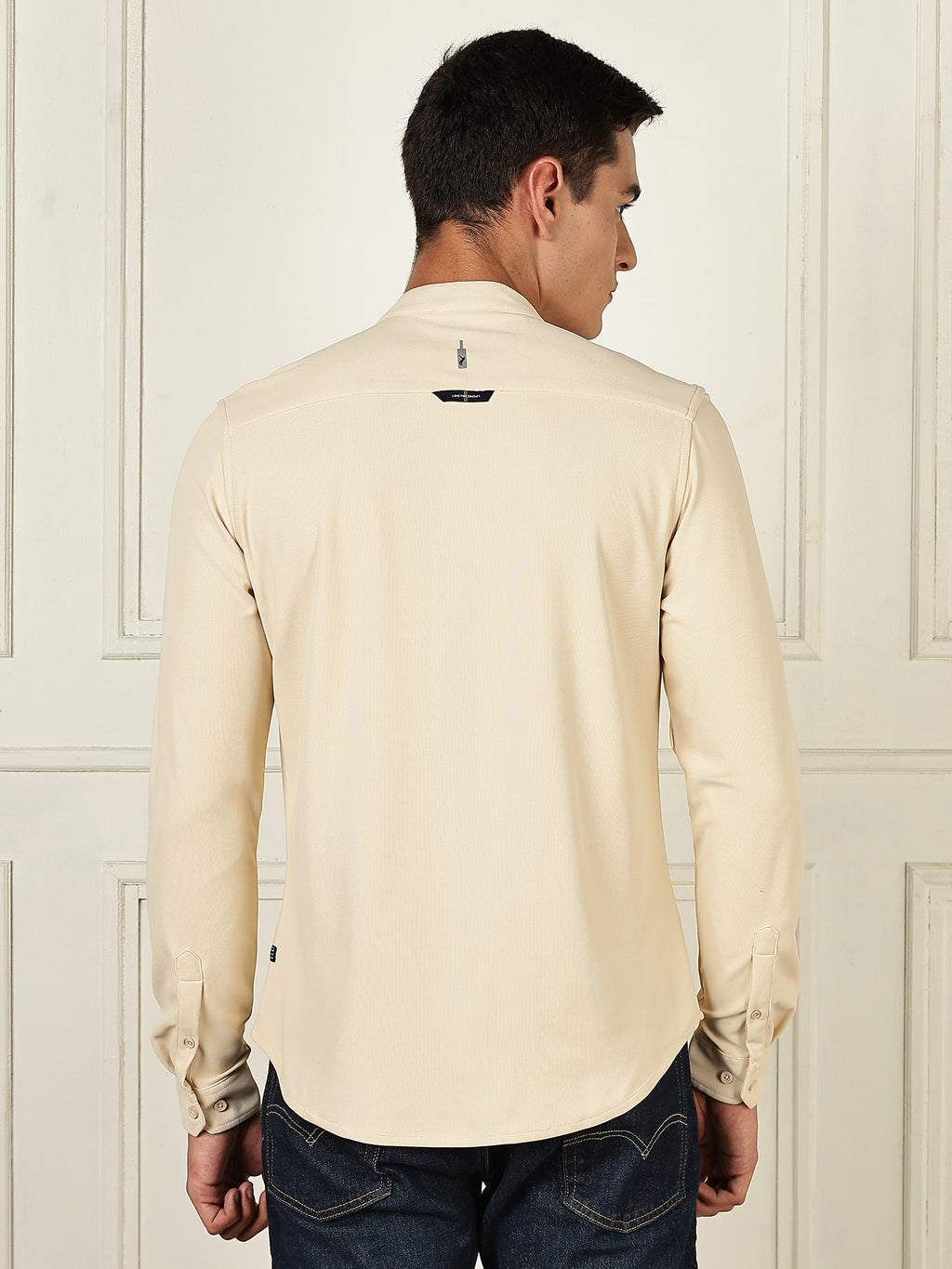 Thomas Scott Men Beige Premium Slim Fit Long Sleeves Mandarin Collar 4 Way Stretch CoolMax Knitted Shirt