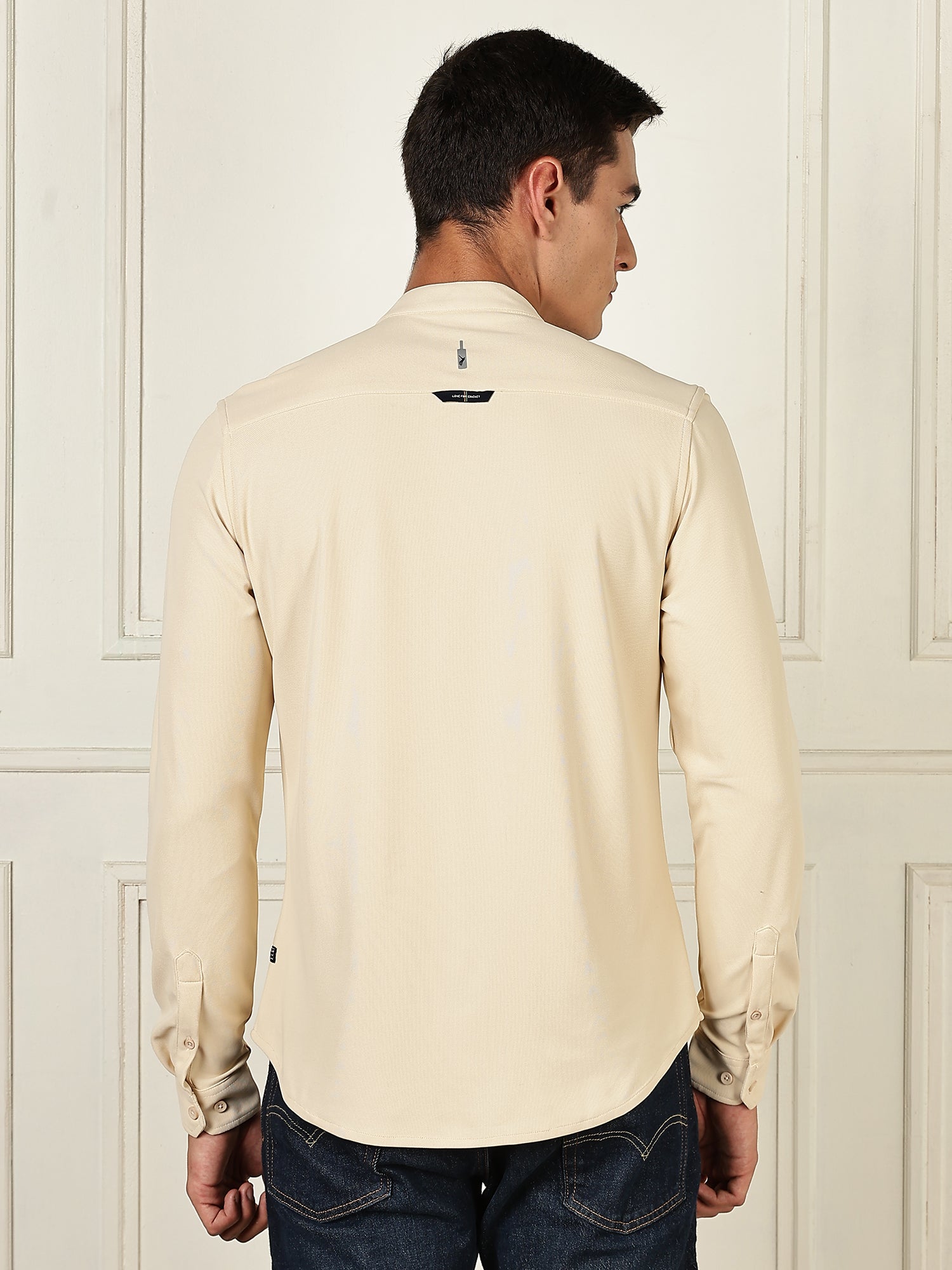 Thomas Scott Men Beige Premium Slim Fit Long Sleeves Mandarin Collar 4 Way Stretch CoolMax Knitted Shirt