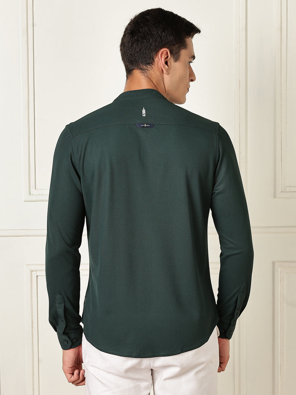 Thomas Scott Men Green Premium Slim Fit Long Sleeves Mandarin Collar 4 Way Stretch CoolMax Knitted Shirt